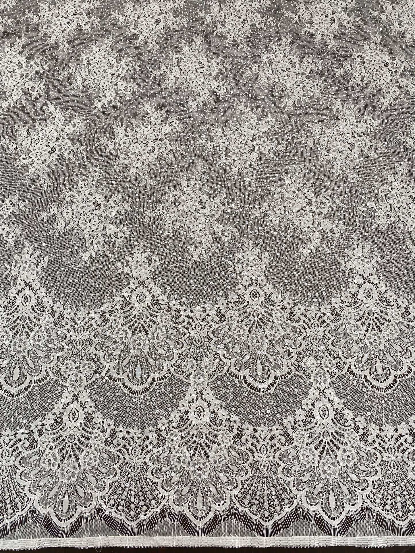 Beaded Chantilly Lace Fabric with Sequins, Floral Eyelash Lace for Bridal Dress Gown Veil,Double Scalloped Wedding Lace Material by 3 Meters