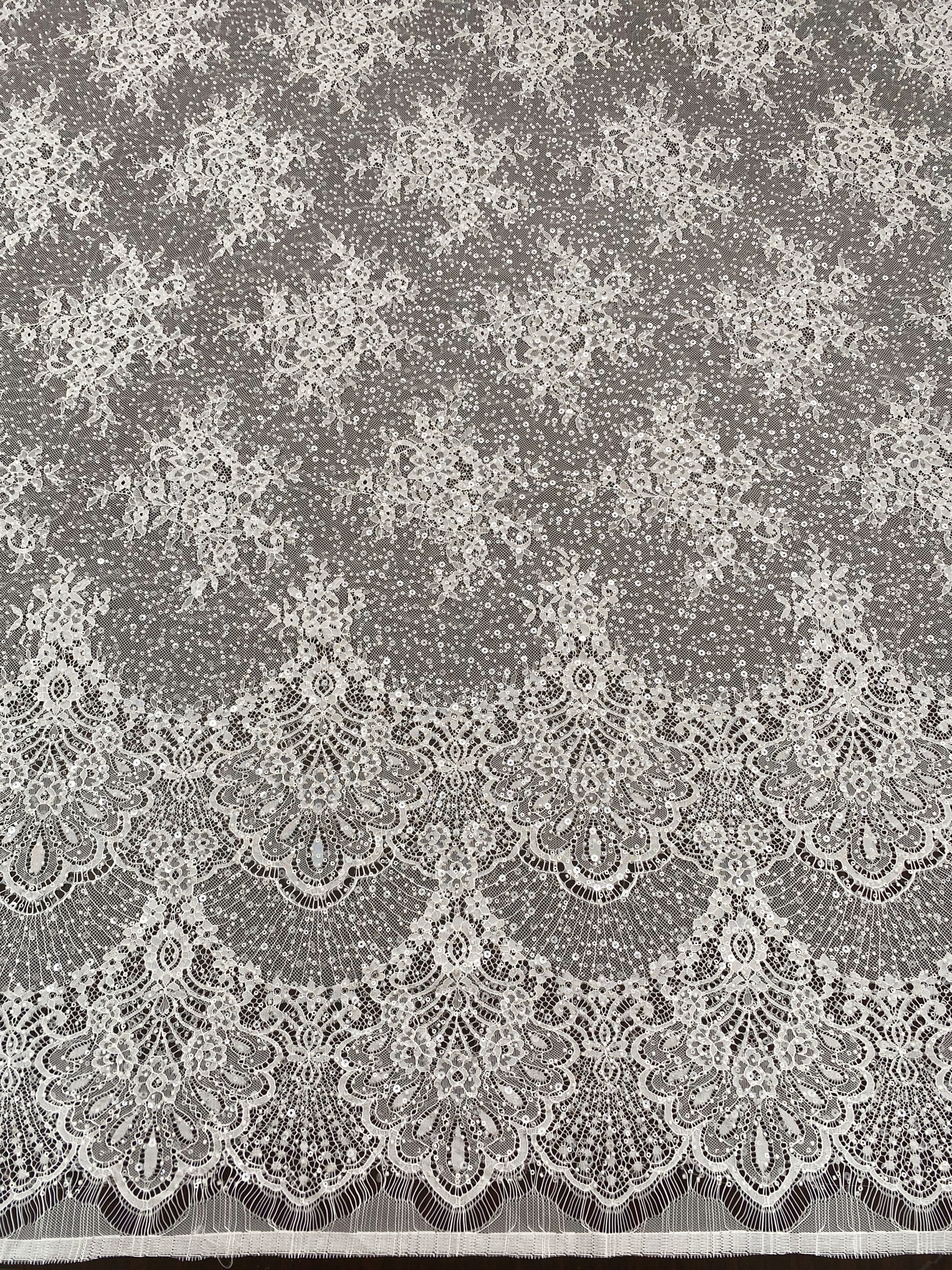 Beaded Chantilly Lace Fabric with Sequins, Floral Eyelash Lace for Bridal Dress Gown Veil,Double Scalloped Wedding Lace Material by 3 Meters