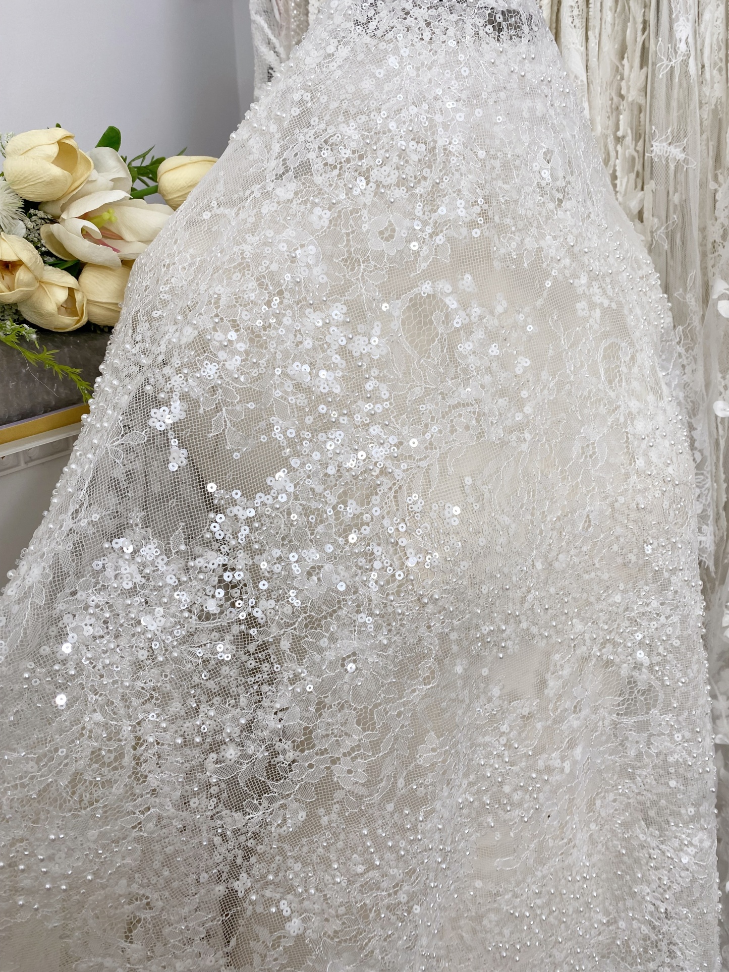 High Quality White Beaded Lace Fabric with Sequins, Embroidered Bridal Material for Dresses and Gowns, Houte Couture Fabric  