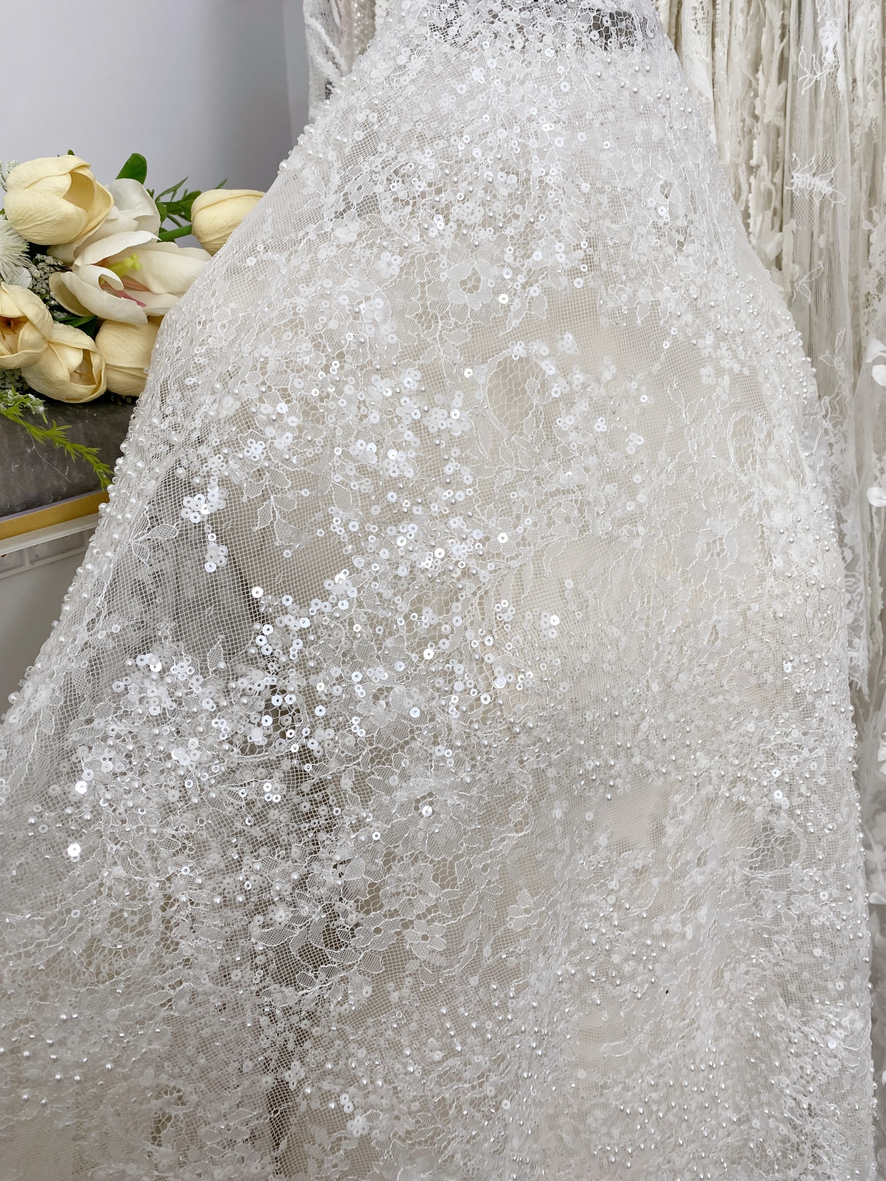 High Quality White Beaded Lace Fabric with Sequins, Embroidered Bridal Material for Dresses and Gowns, Houte Couture Fabric  