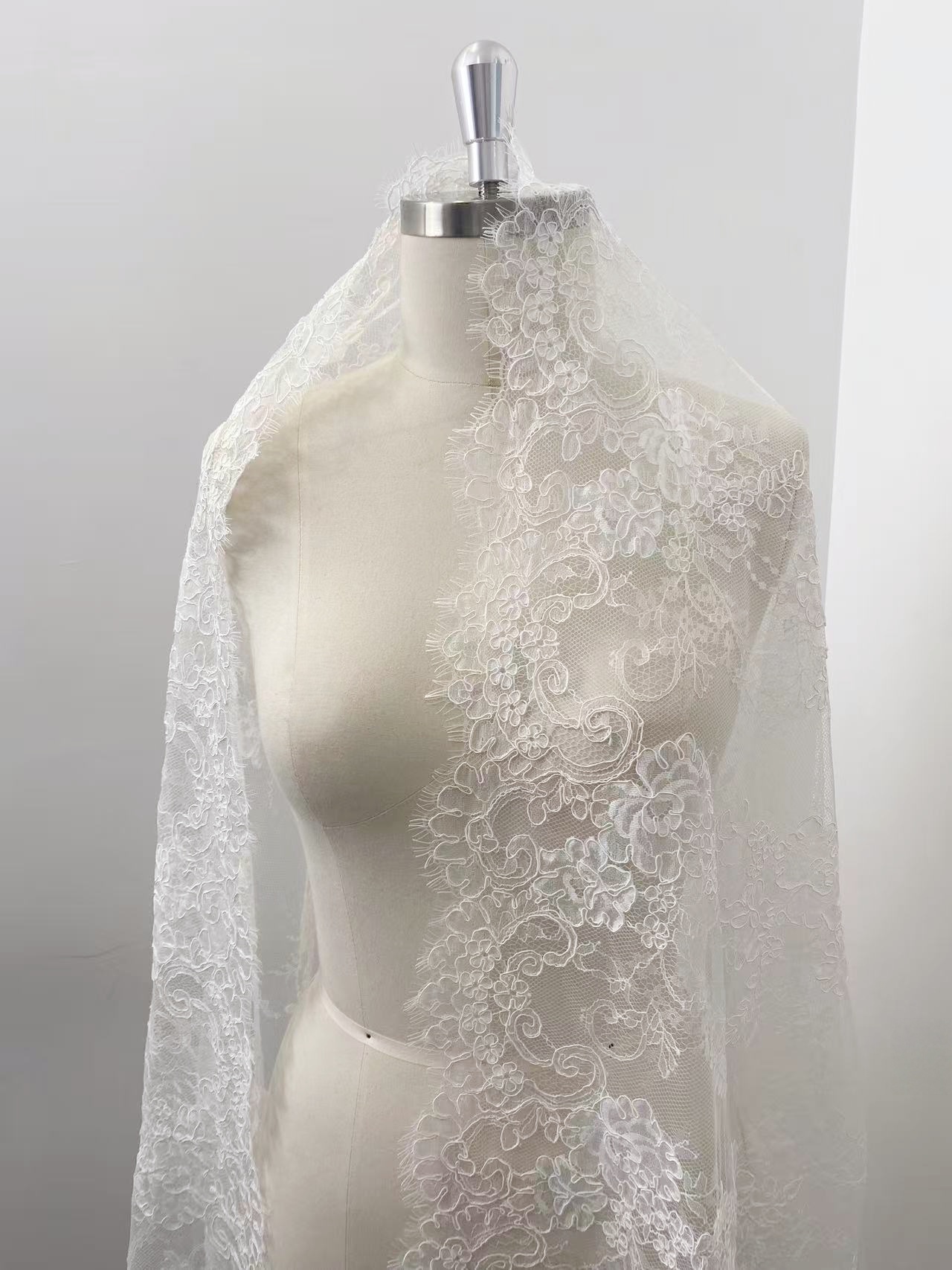 Off White Corded French Chantilly Lace,Floral Eyelash Scalloped Wedding Lace Fabric for Wedding Bridal Dresses, Veil, Gowns,Sold by 3 Meters