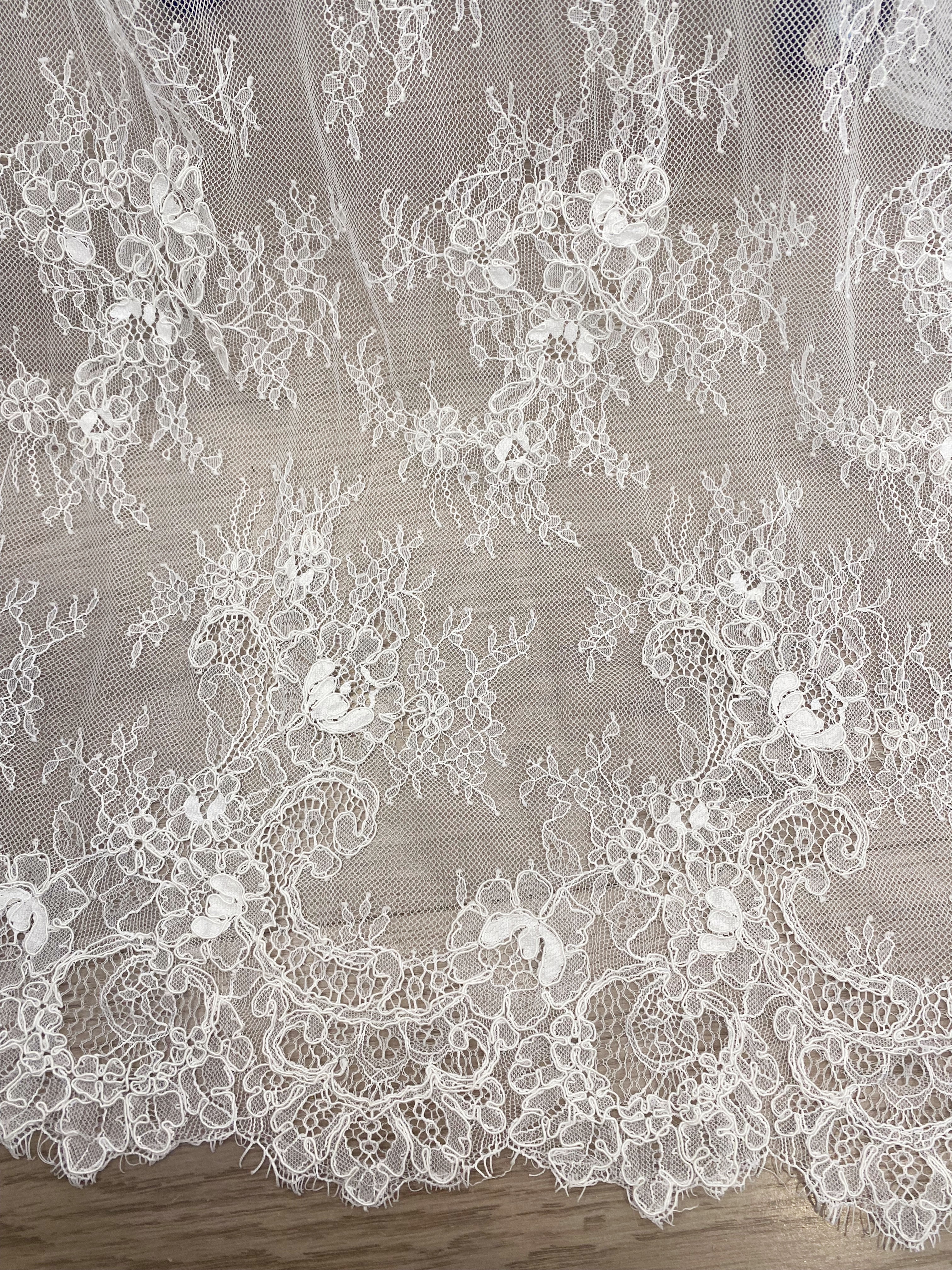 Off-White Chantilly Lace Fabric with Cord, Floral Trim Eyelash Edging, Floral Eyelash Lace, Bridal Dress Tull Fabric, 3 Meter Piece