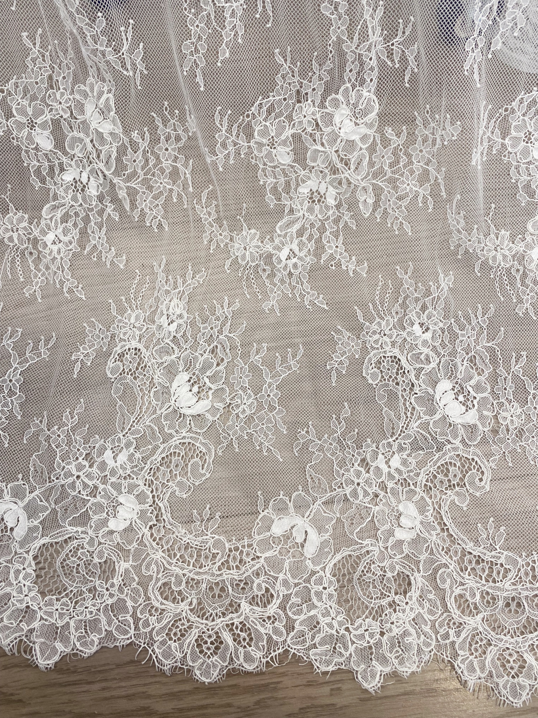 Off-White Chantilly Lace Fabric with Cord, Floral Trim Eyelash Edging, Floral Eyelash Lace, Bridal Dress Tull Fabric, 3 Meter Piece