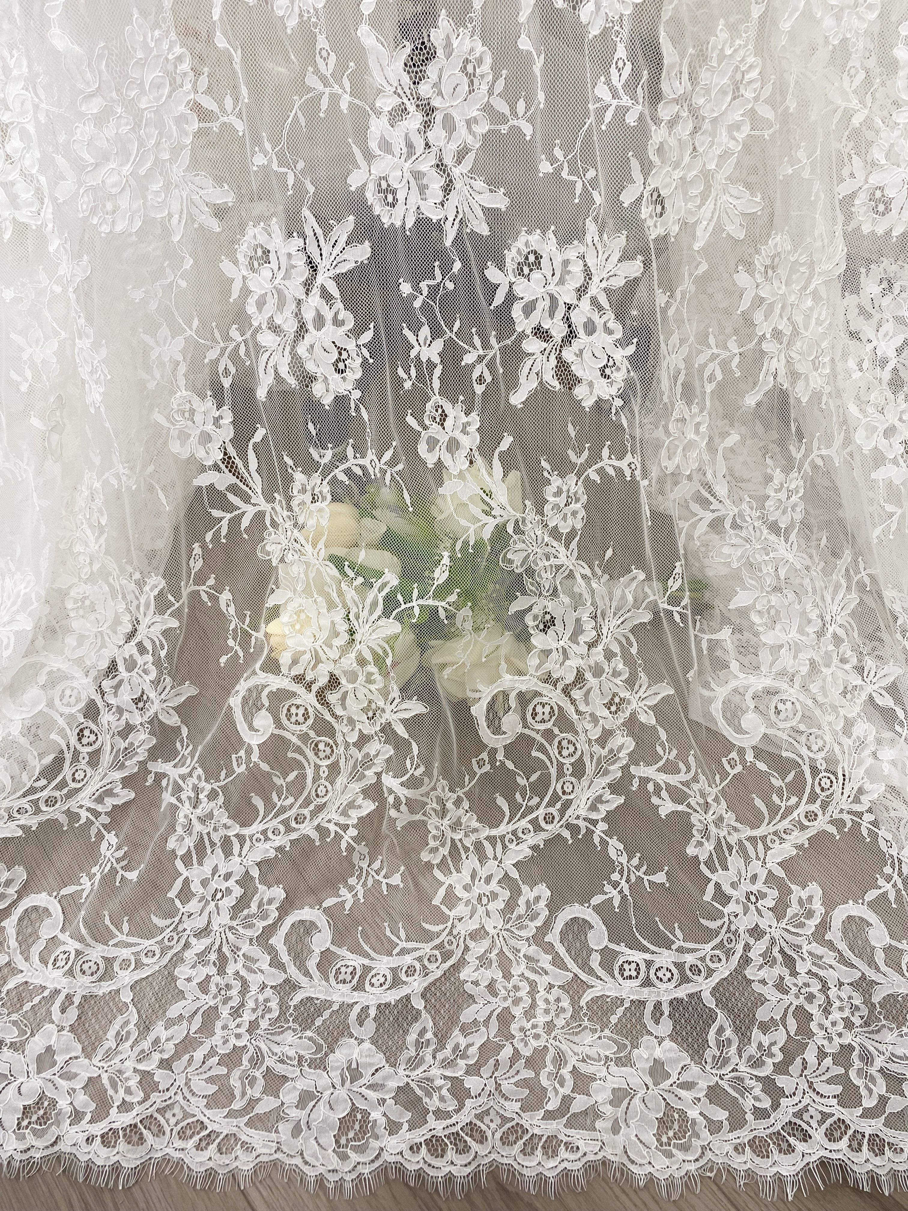 Corded Alencon Flower Lace Fabric, 3 Meters French Eyelash lace fabric trim for wedding shrugs,bridal gown,Classic lace top overlay