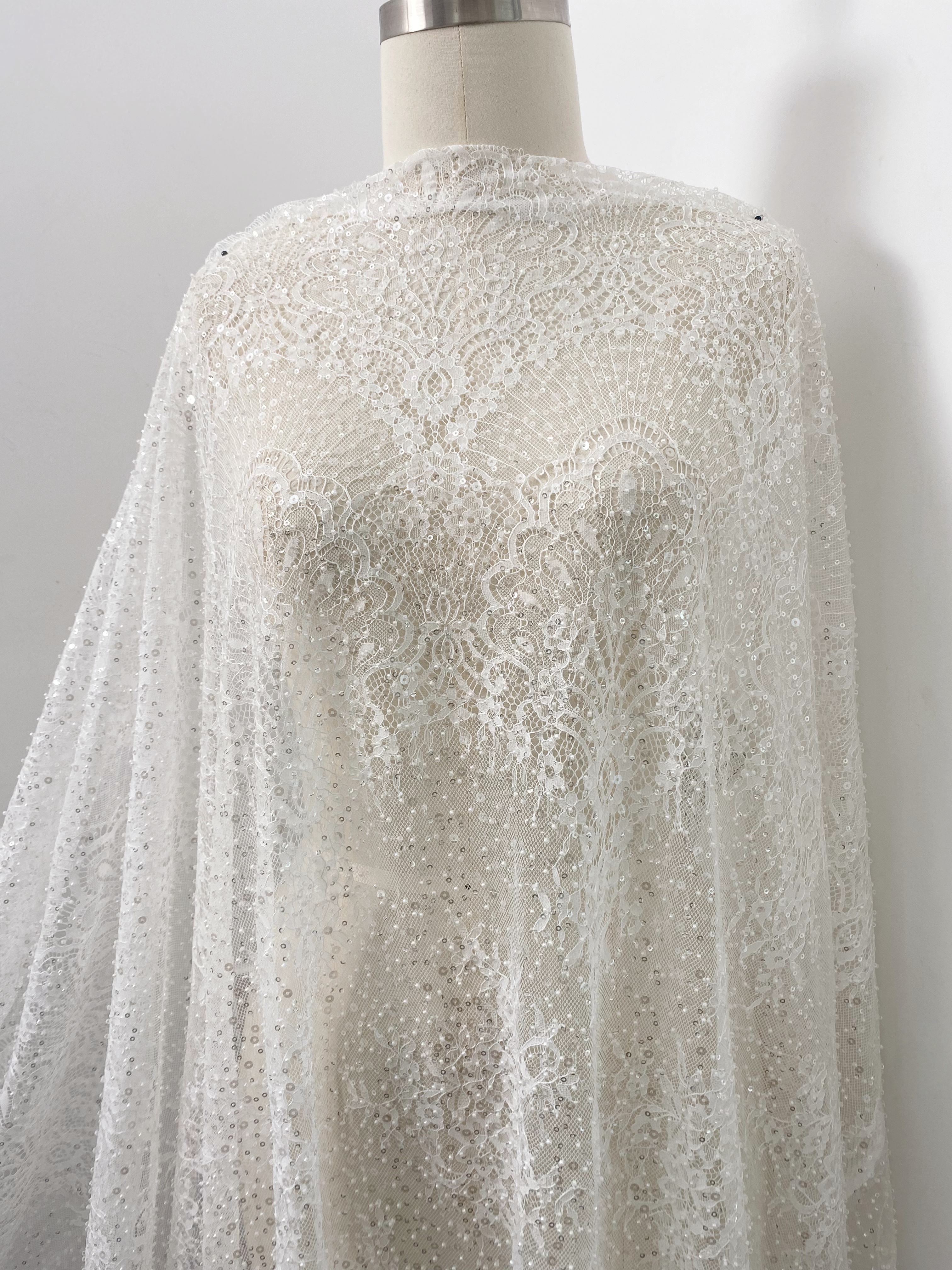 Beaded Chantilly Lace Fabric with Sequins, Floral Eyelash Lace for Bridal Dress Gown Veil,Double Scalloped Wedding Lace Material by 3 Meters