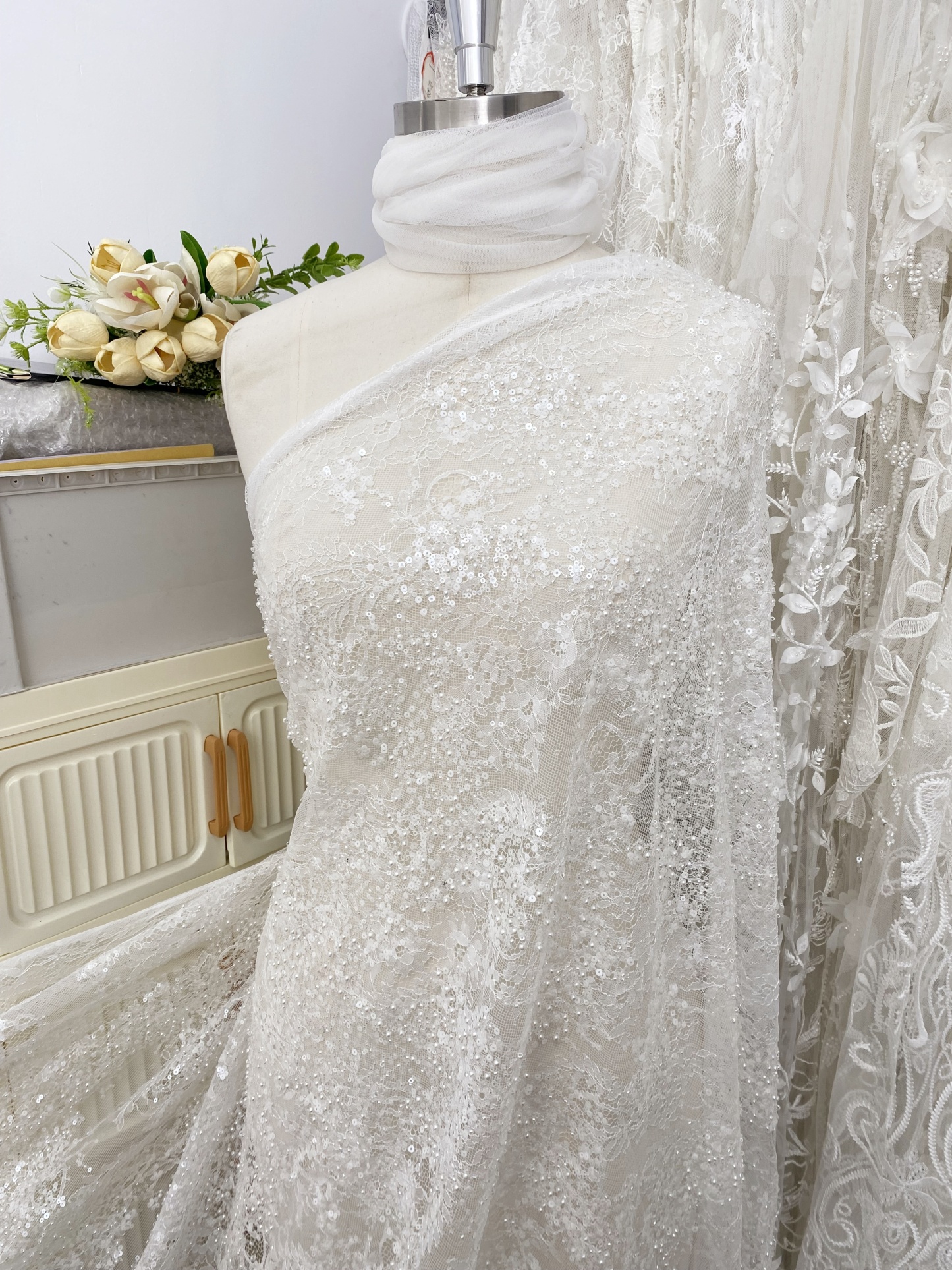 High Quality White Beaded Lace Fabric with Sequins, Embroidered Bridal Material for Dresses and Gowns, Houte Couture Fabric  