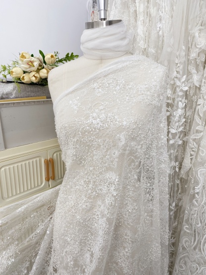 High Quality White Beaded Lace Fabric with Sequins, Embroidered Bridal Material for Dresses and Gowns, Houte Couture Fabric  