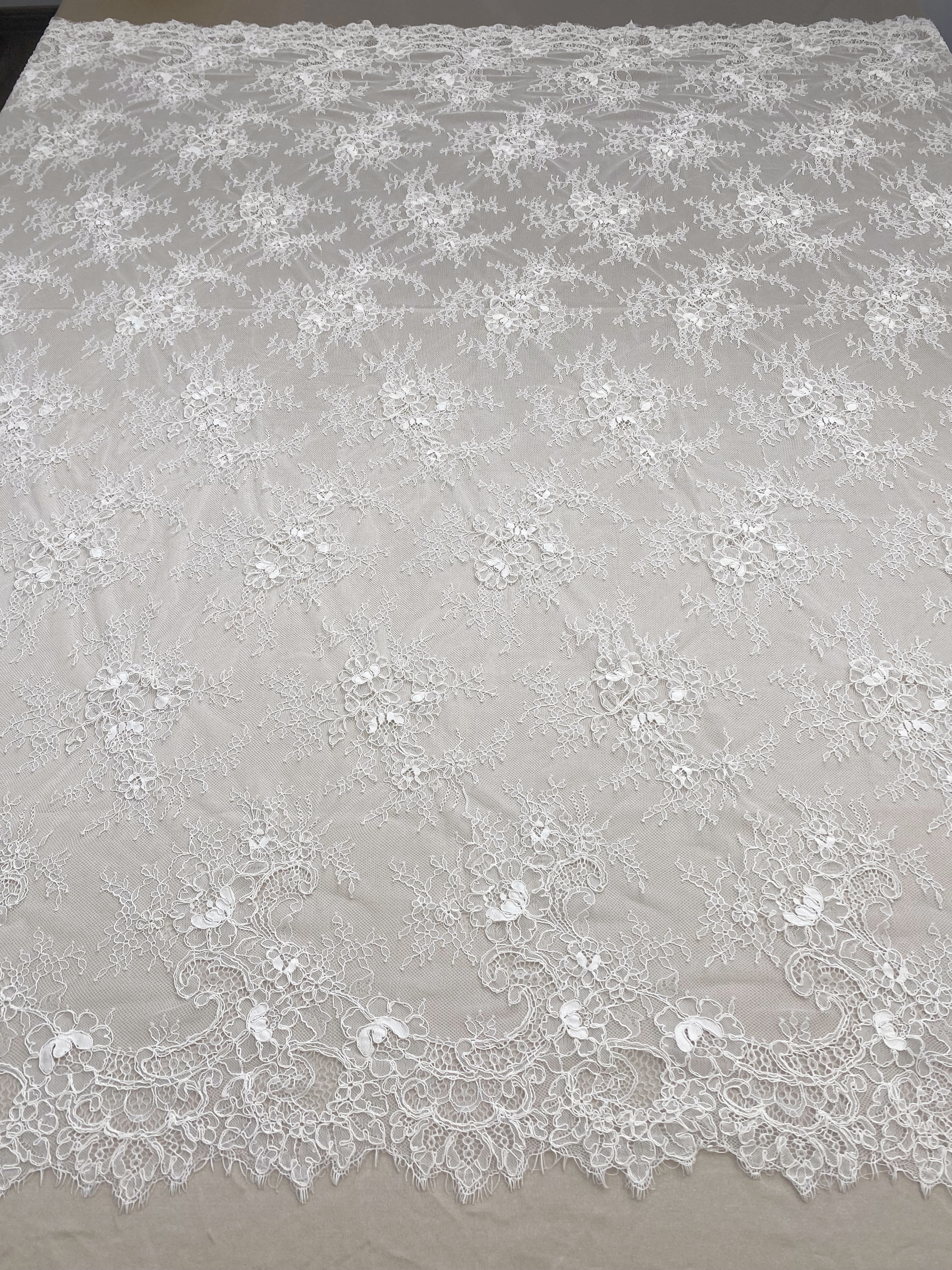 Off-White Chantilly Lace Fabric with Cord, Floral Trim Eyelash Edging, Floral Eyelash Lace, Bridal Dress Tull Fabric, 3 Meter Piece