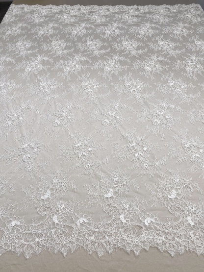 Off-White Chantilly Lace Fabric with Cord, Floral Trim Eyelash Edging, Floral Eyelash Lace, Bridal Dress Tull Fabric, 3 Meter Piece