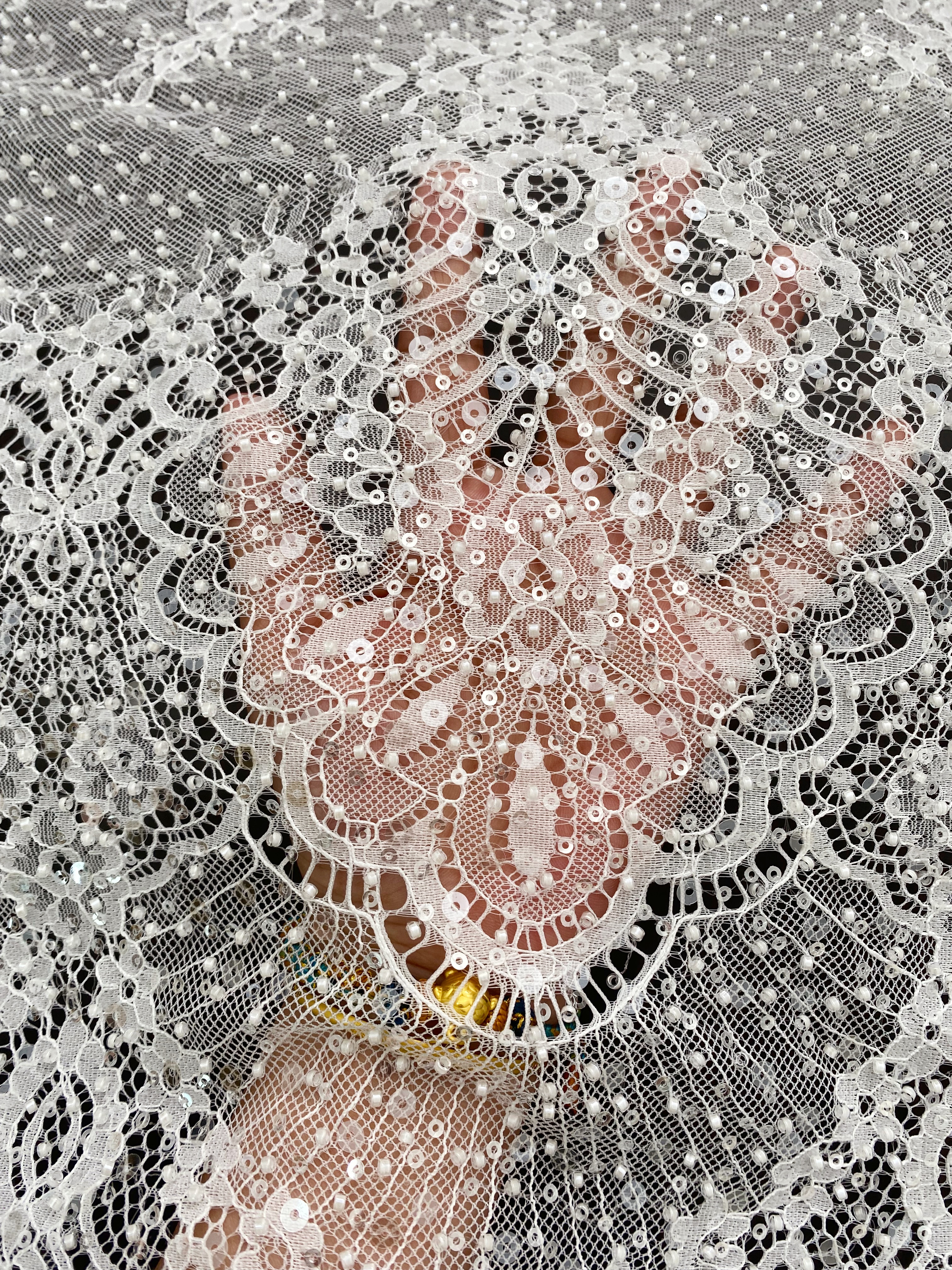 Beaded Chantilly Lace Fabric with Sequins, Floral Eyelash Lace for Bridal Dress Gown Veil,Double Scalloped Wedding Lace Material by 3 Meters