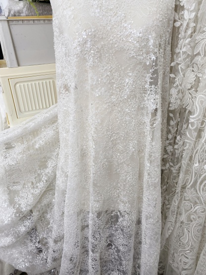High Quality White Beaded Lace Fabric with Sequins, Embroidered Bridal Material for Dresses and Gowns, Houte Couture Fabric  