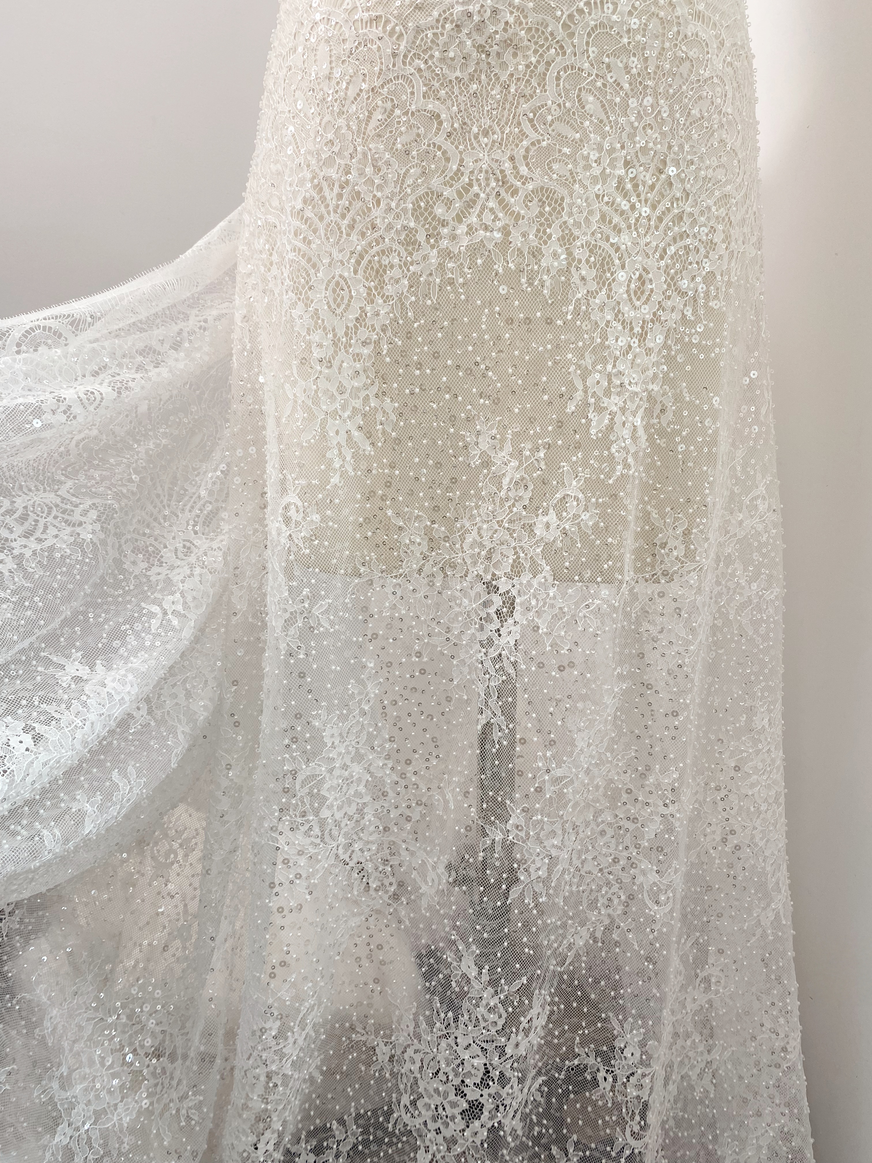 Beaded Chantilly Lace Fabric with Sequins, Floral Eyelash Lace for Bridal Dress Gown Veil,Double Scalloped Wedding Lace Material by 3 Meters