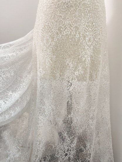 Beaded Chantilly Lace Fabric with Sequins, Floral Eyelash Lace for Bridal Dress Gown Veil,Double Scalloped Wedding Lace Material by 3 Meters