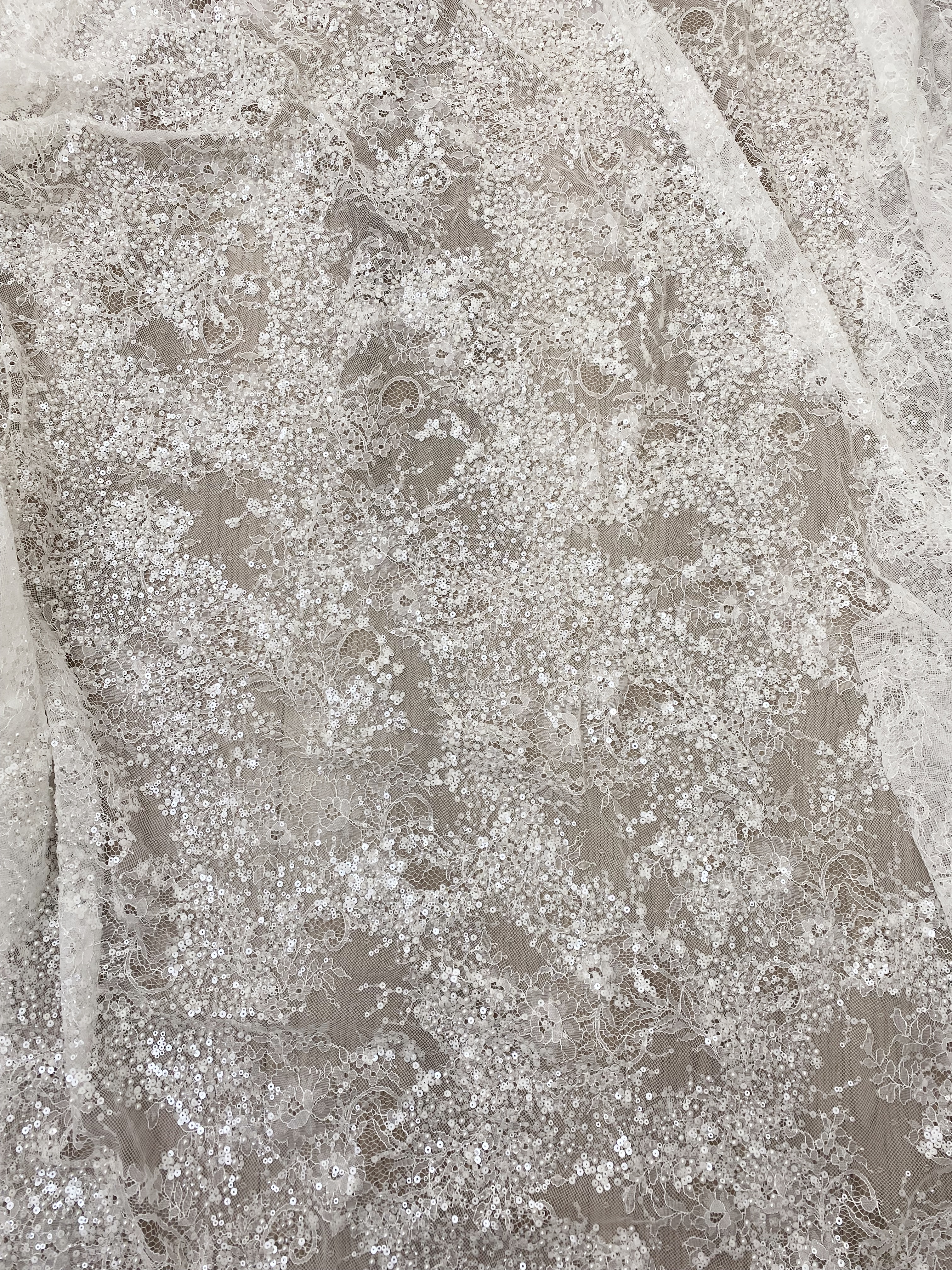 High Quality White Beaded Lace Fabric with Sequins, Embroidered Bridal Material for Dresses and Gowns, Houte Couture Fabric  