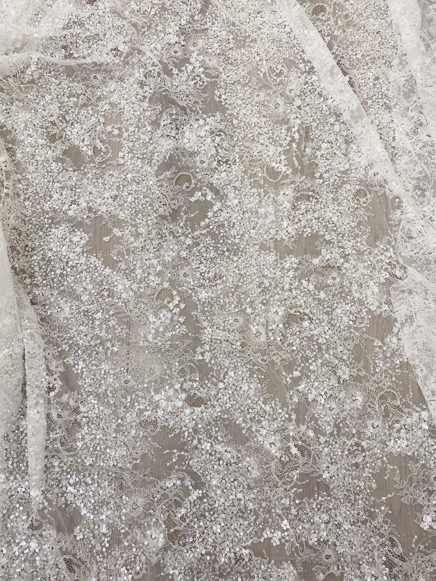 High Quality White Beaded Lace Fabric with Sequins, Embroidered Bridal Material for Dresses and Gowns, Houte Couture Fabric  