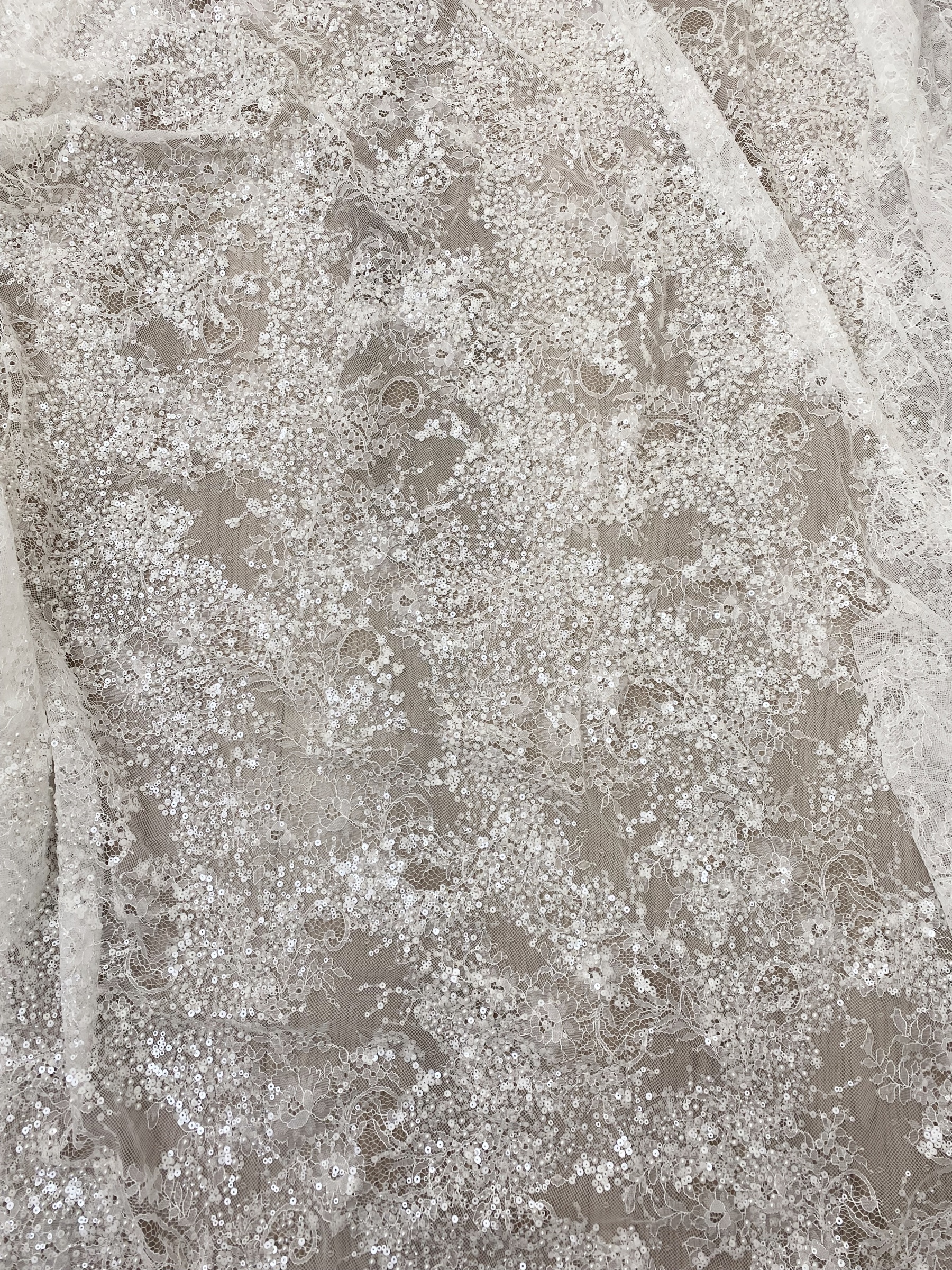 High Quality White Beaded Lace Fabric with Sequins, Embroidered Bridal Material for Dresses and Gowns, Houte Couture Fabric  