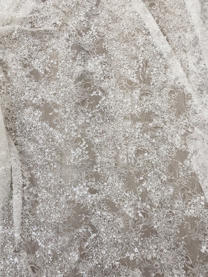 High Quality White Beaded Lace Fabric with Sequins, Embroidered Bridal Material for Dresses and Gowns, Houte Couture Fabric  