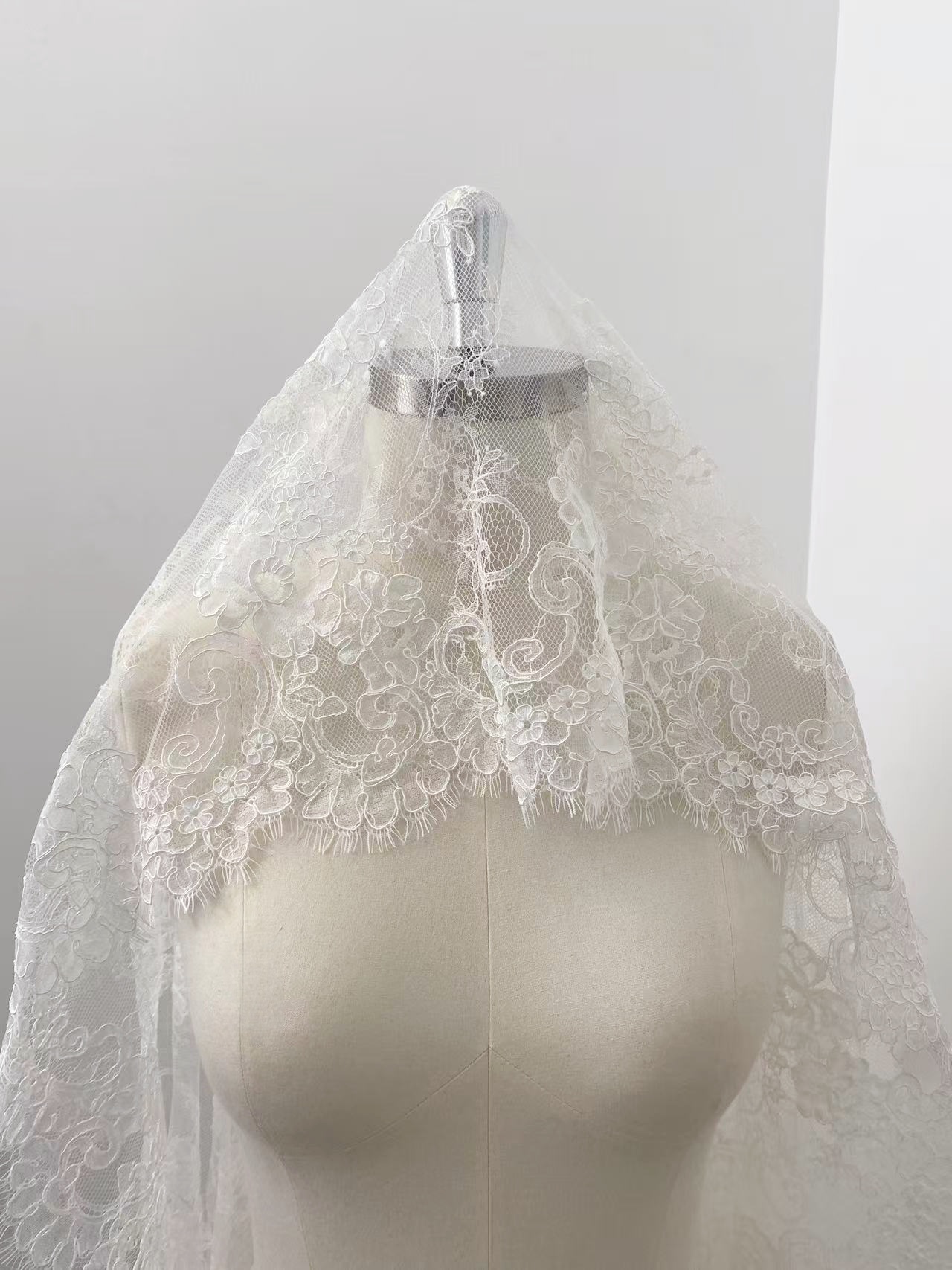 Off White Corded French Chantilly Lace,Floral Eyelash Scalloped Wedding Lace Fabric for Wedding Bridal Dresses, Veil, Gowns,Sold by 3 Meters