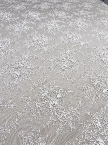 Off-White Chantilly Lace Fabric with Cord, Floral Trim Eyelash Edging, Floral Eyelash Lace, Bridal Dress Tull Fabric, 3 Meter Piece