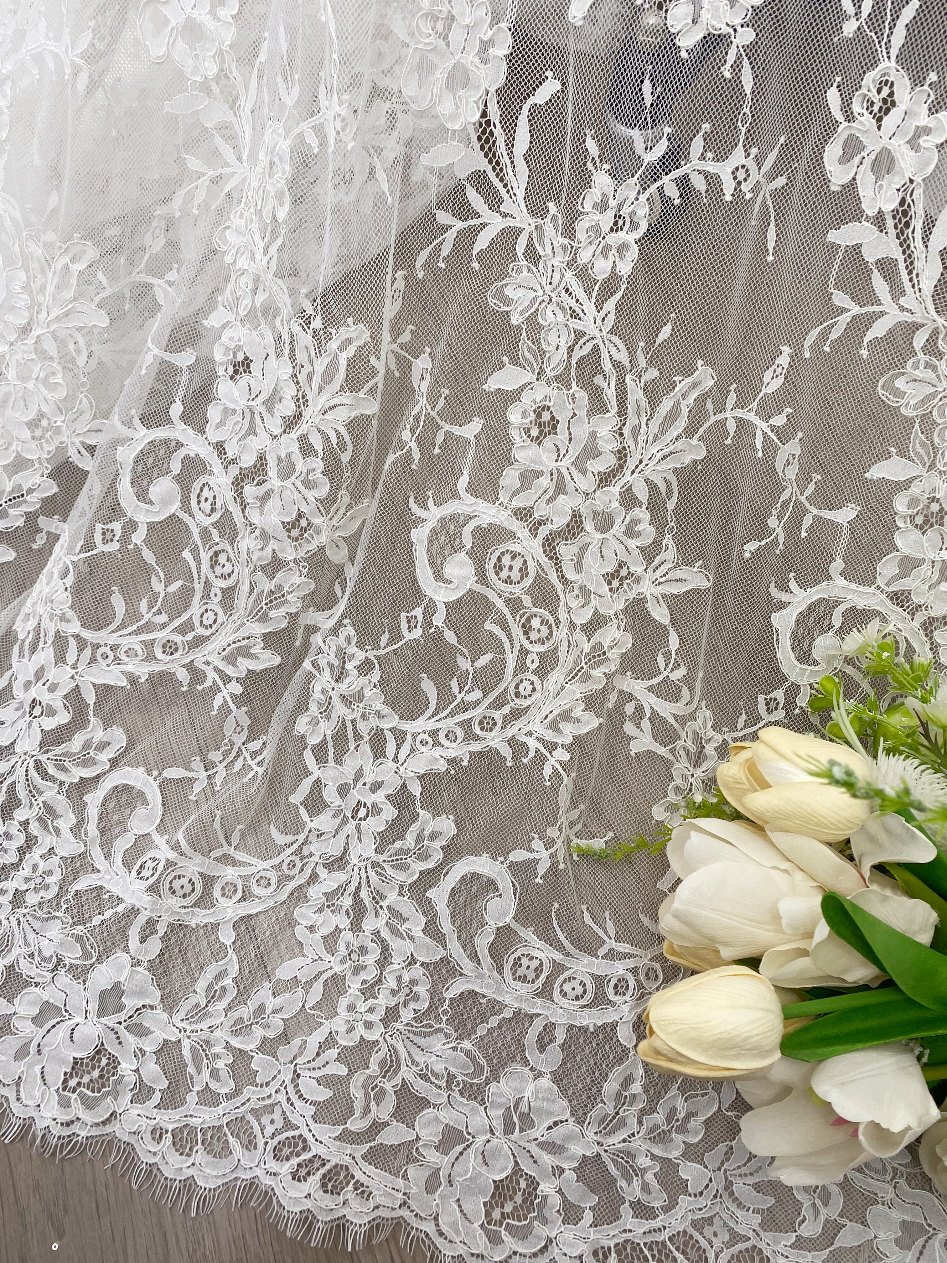 Corded Alencon Flower Lace Fabric, 3 Meters French Eyelash lace fabric trim for wedding shrugs,bridal gown,Classic lace top overlay
