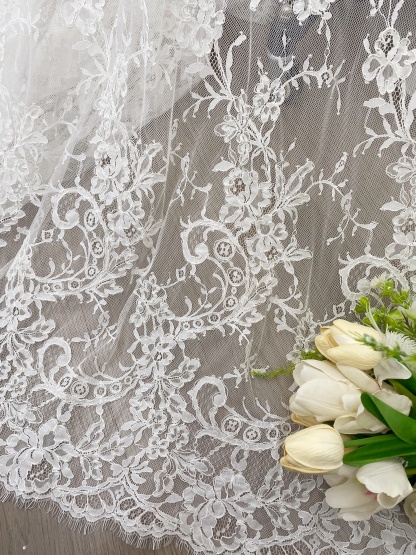 Corded Alencon Flower Lace Fabric, 3 Meters French Eyelash lace fabric trim for wedding shrugs,bridal gown,Classic lace top overlay