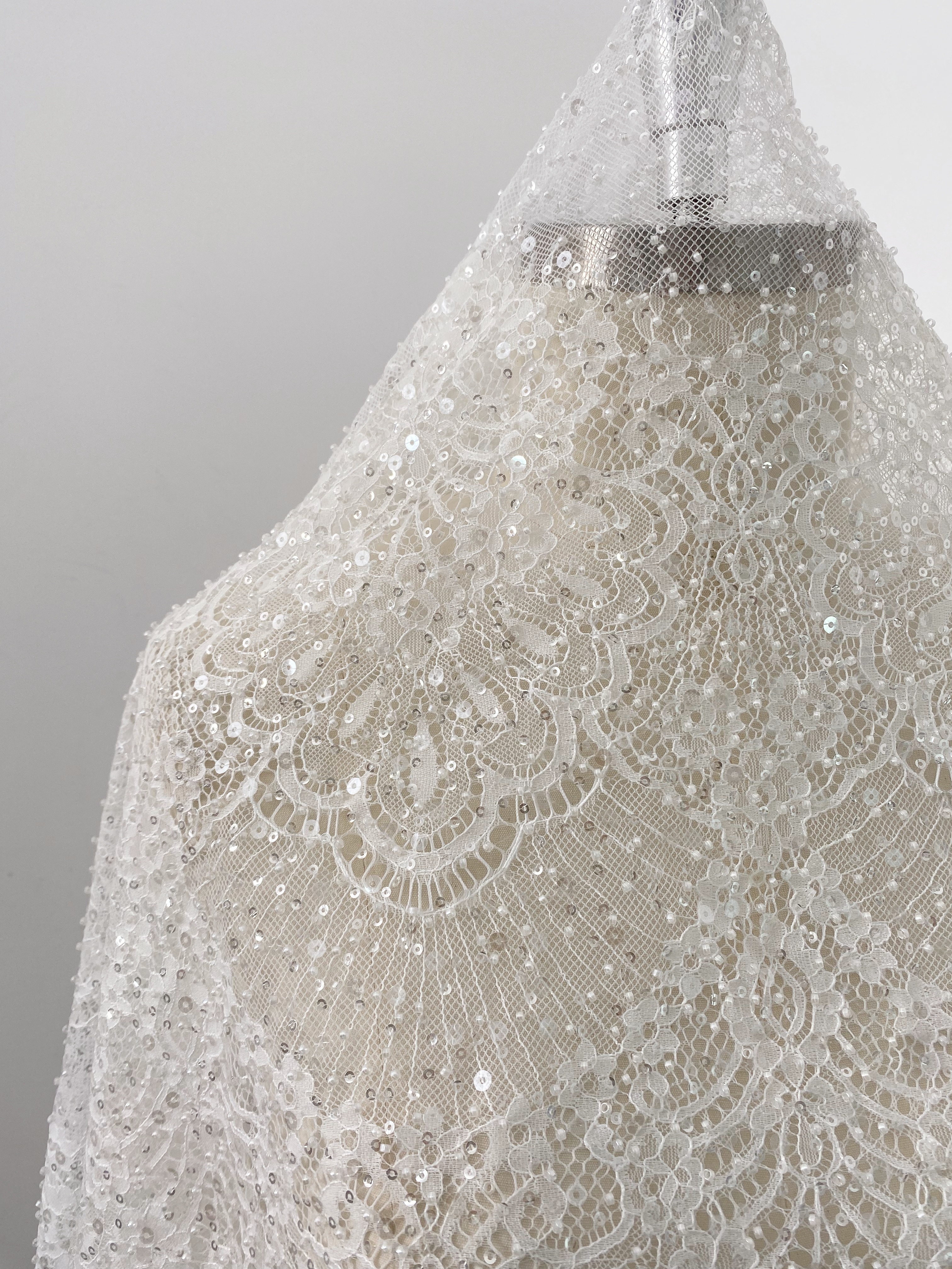 Beaded Chantilly Lace Fabric with Sequins, Floral Eyelash Lace for Bridal Dress Gown Veil,Double Scalloped Wedding Lace Material by 3 Meters