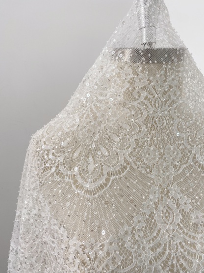 Beaded Chantilly Lace Fabric with Sequins, Floral Eyelash Lace for Bridal Dress Gown Veil,Double Scalloped Wedding Lace Material by 3 Meters