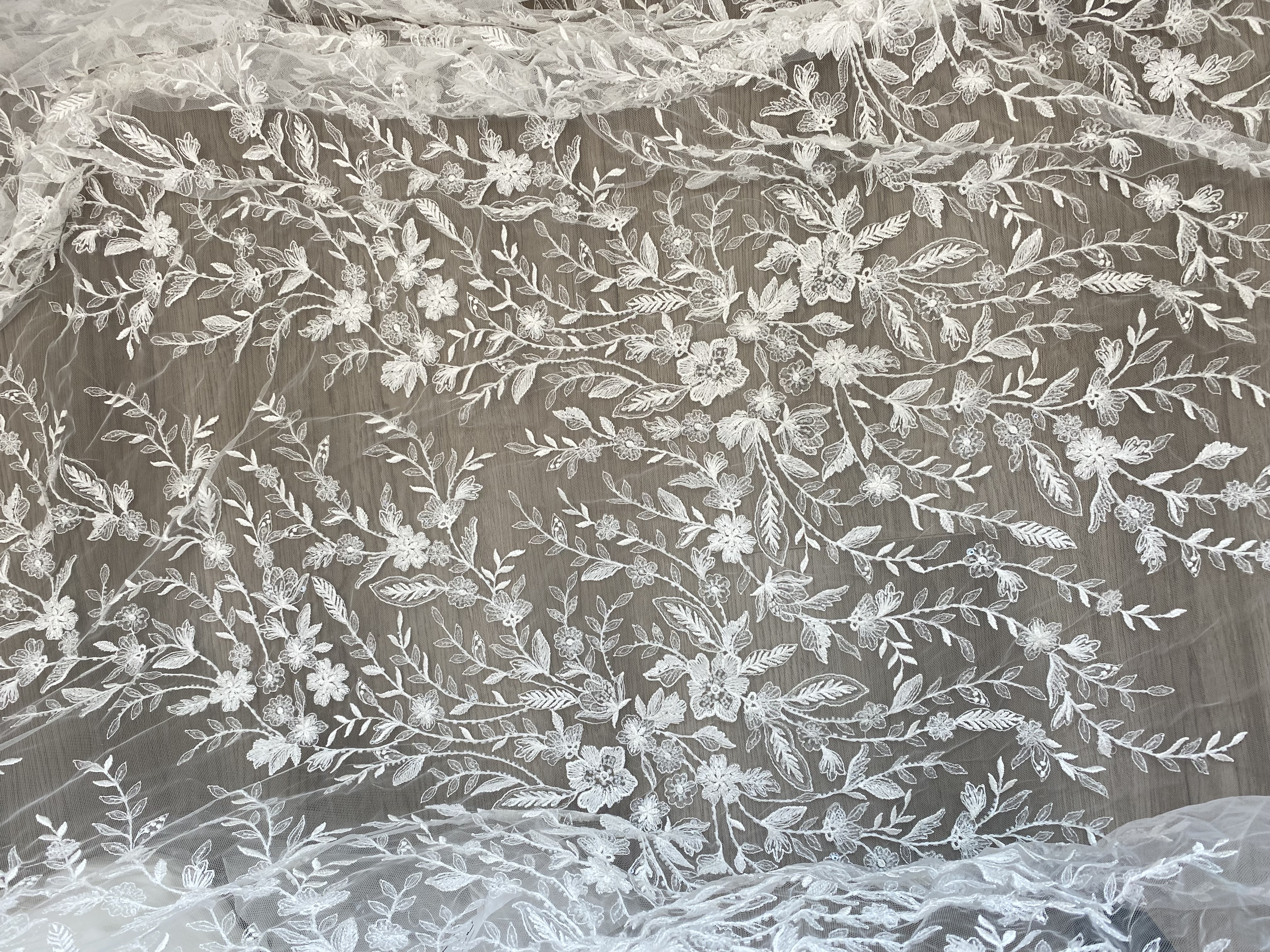 Beaded Flower Bridal Lace Fabric with Transparent Sequins, Floral Tulle Lace Fabric, Luxurious Embroidery Wedding Dress Lace By Yard