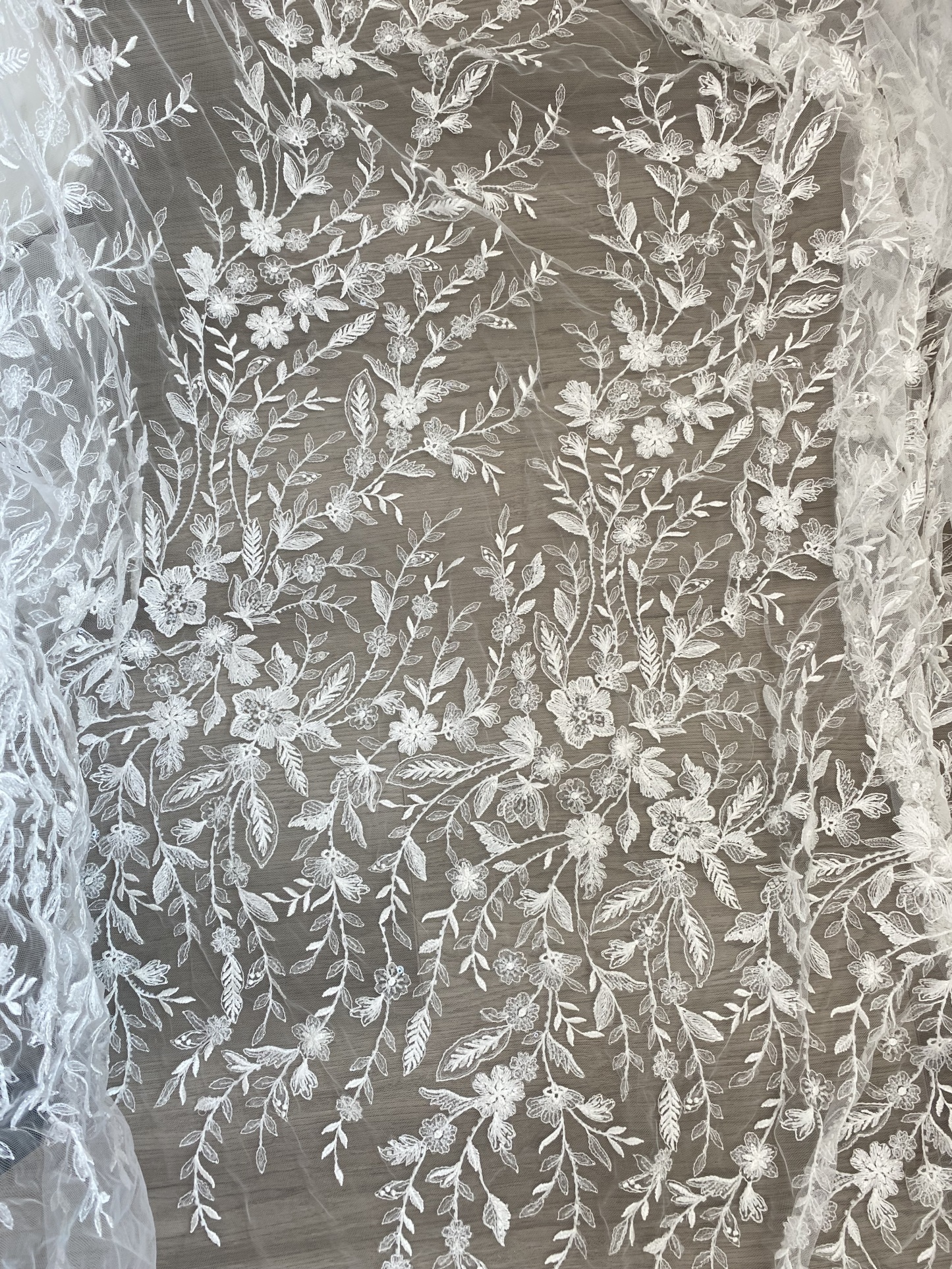 Beaded Flower Bridal Lace Fabric with Transparent Sequins, Floral Tulle Lace Fabric, Luxurious Embroidery Wedding Dress Lace By Yard