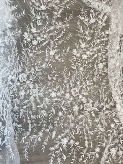 Beaded Flower Bridal Lace Fabric with Transparent Sequins, Floral Tulle Lace Fabric, Luxurious Embroidery Wedding Dress Lace By Yard