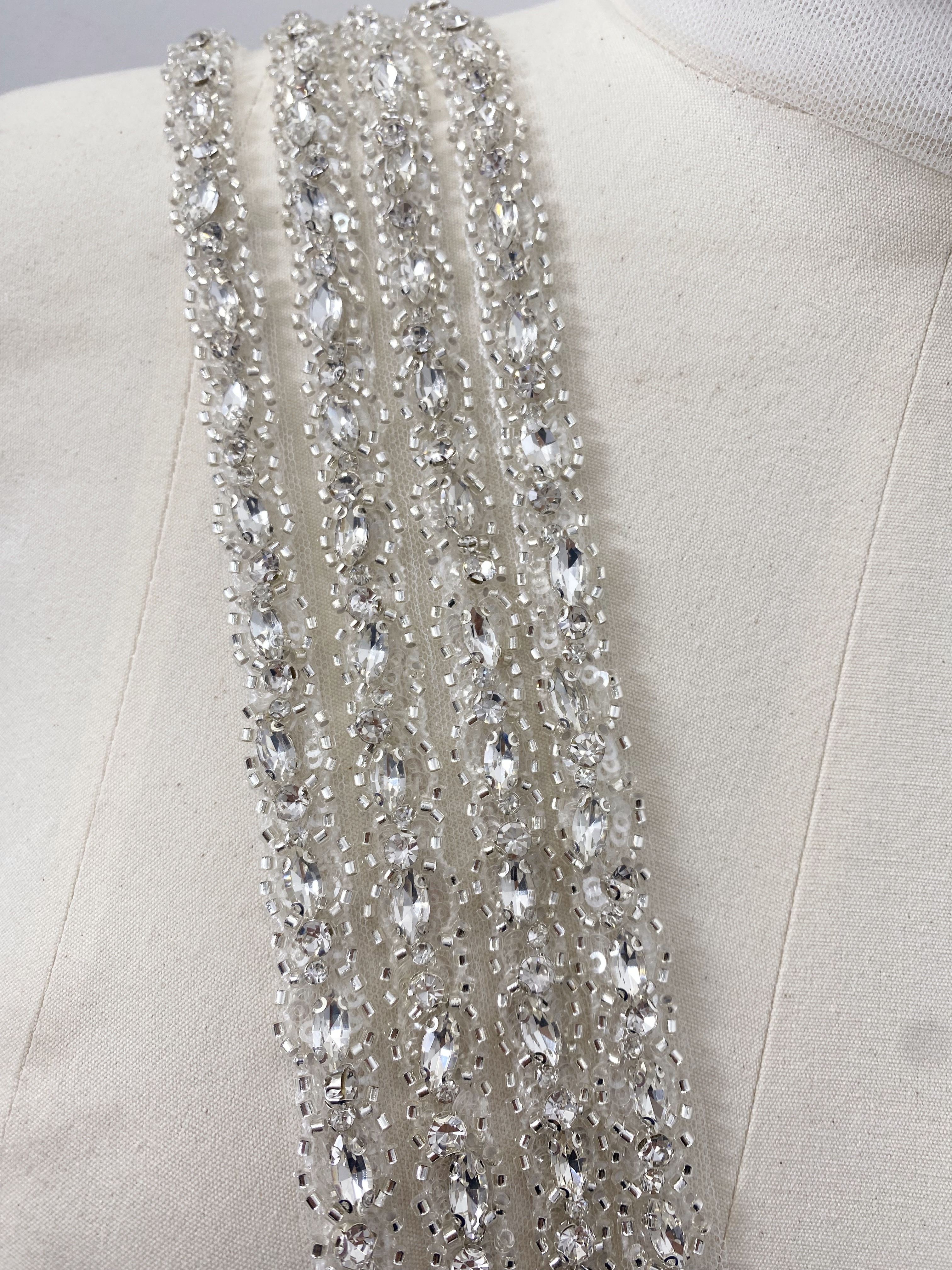 Crystal Rhinestone Lace Trim With Silver Zircon Stonework, 1 Yard Beaded Trims for Gown Straps, Headbands, Sashes, Belts