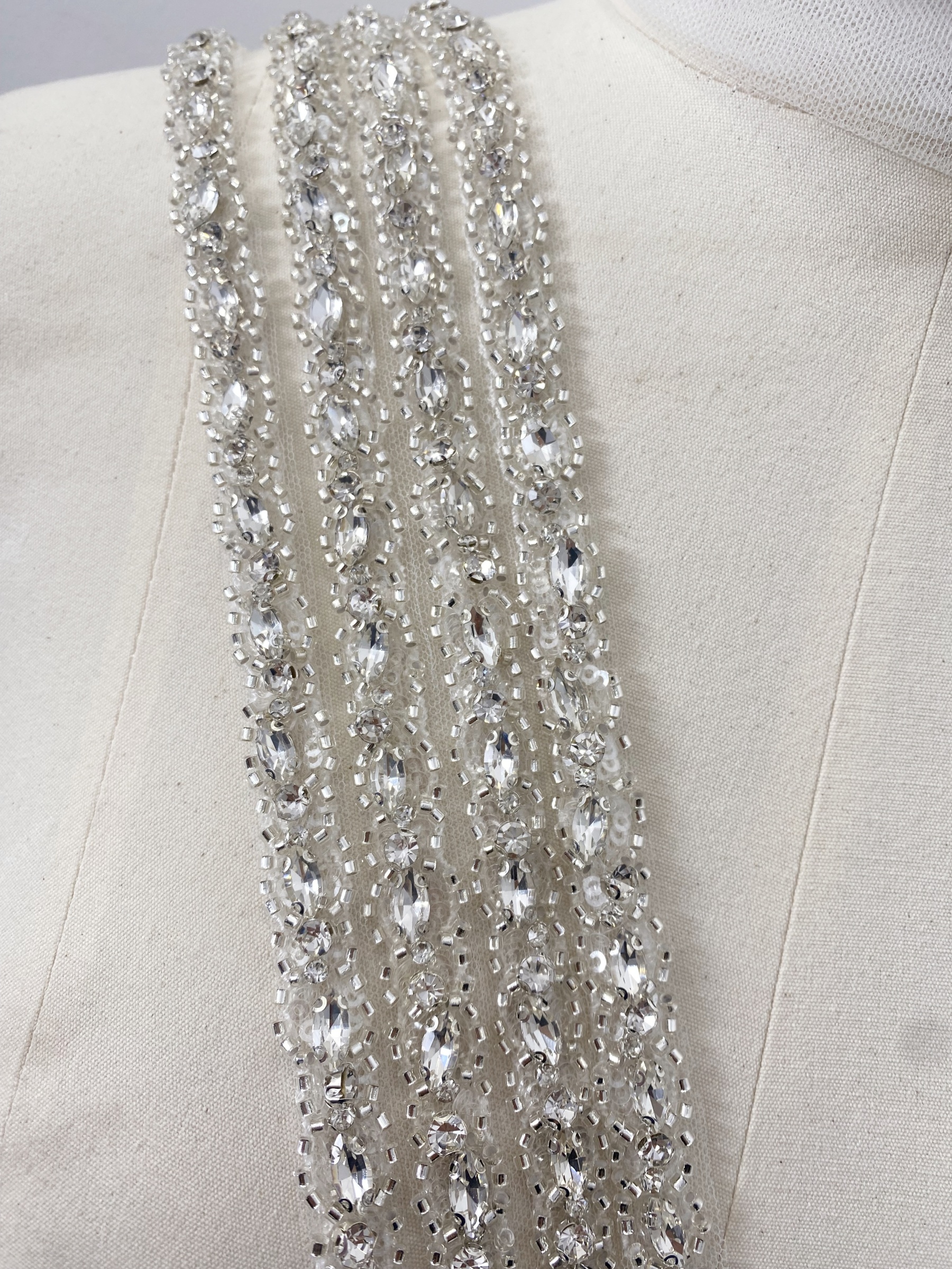Crystal Rhinestone Lace Trim With Silver Zircon Stonework, 1 Yard Beaded Trims for Gown Straps, Headbands, Sashes, Belts
