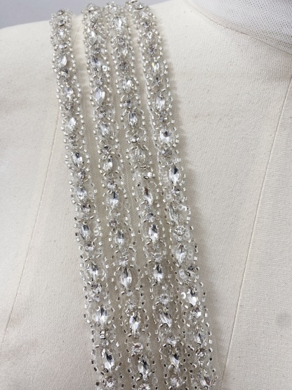 Crystal Rhinestone Lace Trim With Silver Zircon Stonework, 1 Yard Beaded Trims for Gown Straps, Headbands, Sashes, Belts