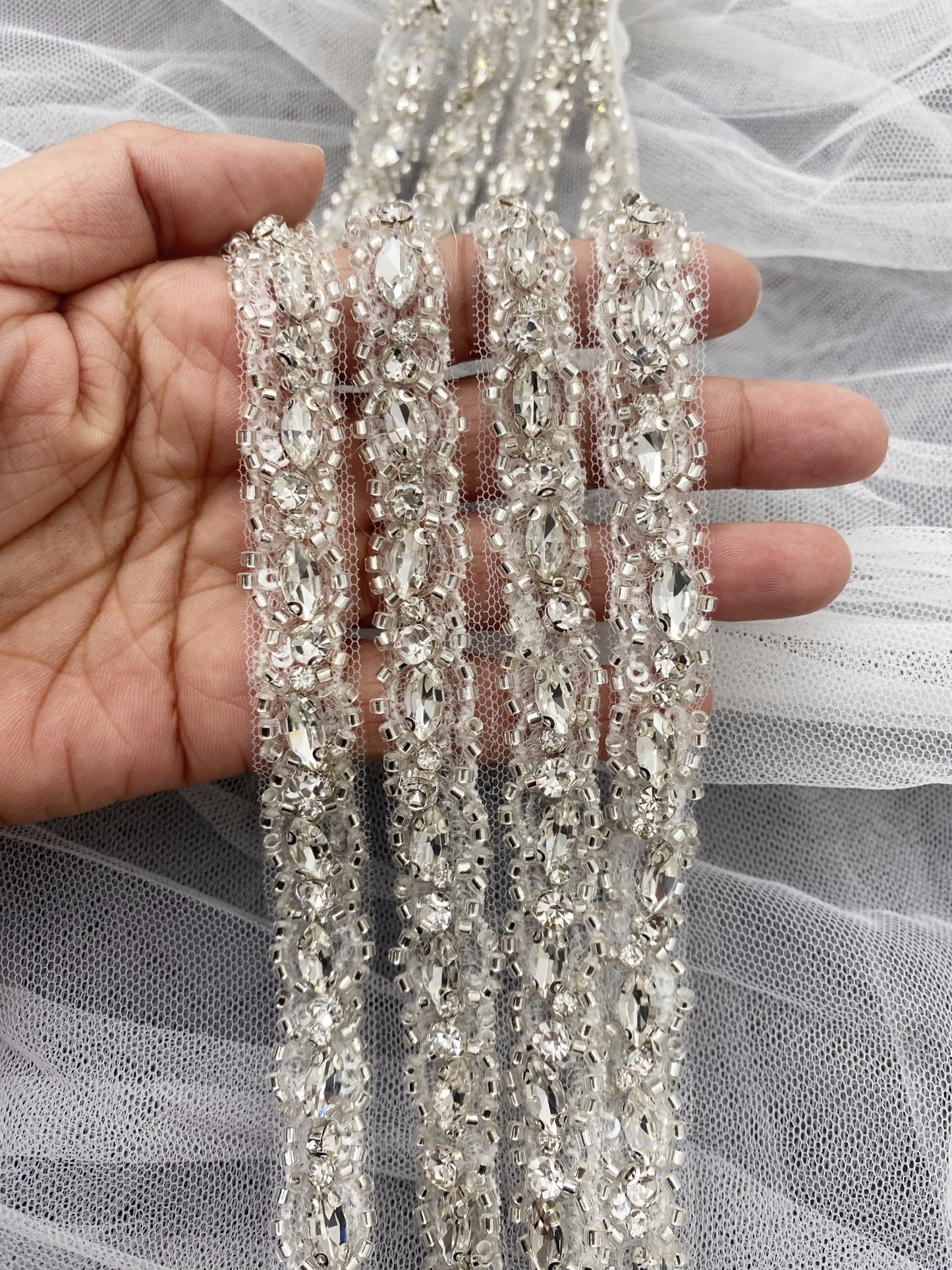 Crystal Rhinestone Lace Trim With Silver Zircon Stonework, 1 Yard Beaded Trims for Gown Straps, Headbands, Sashes, Belts