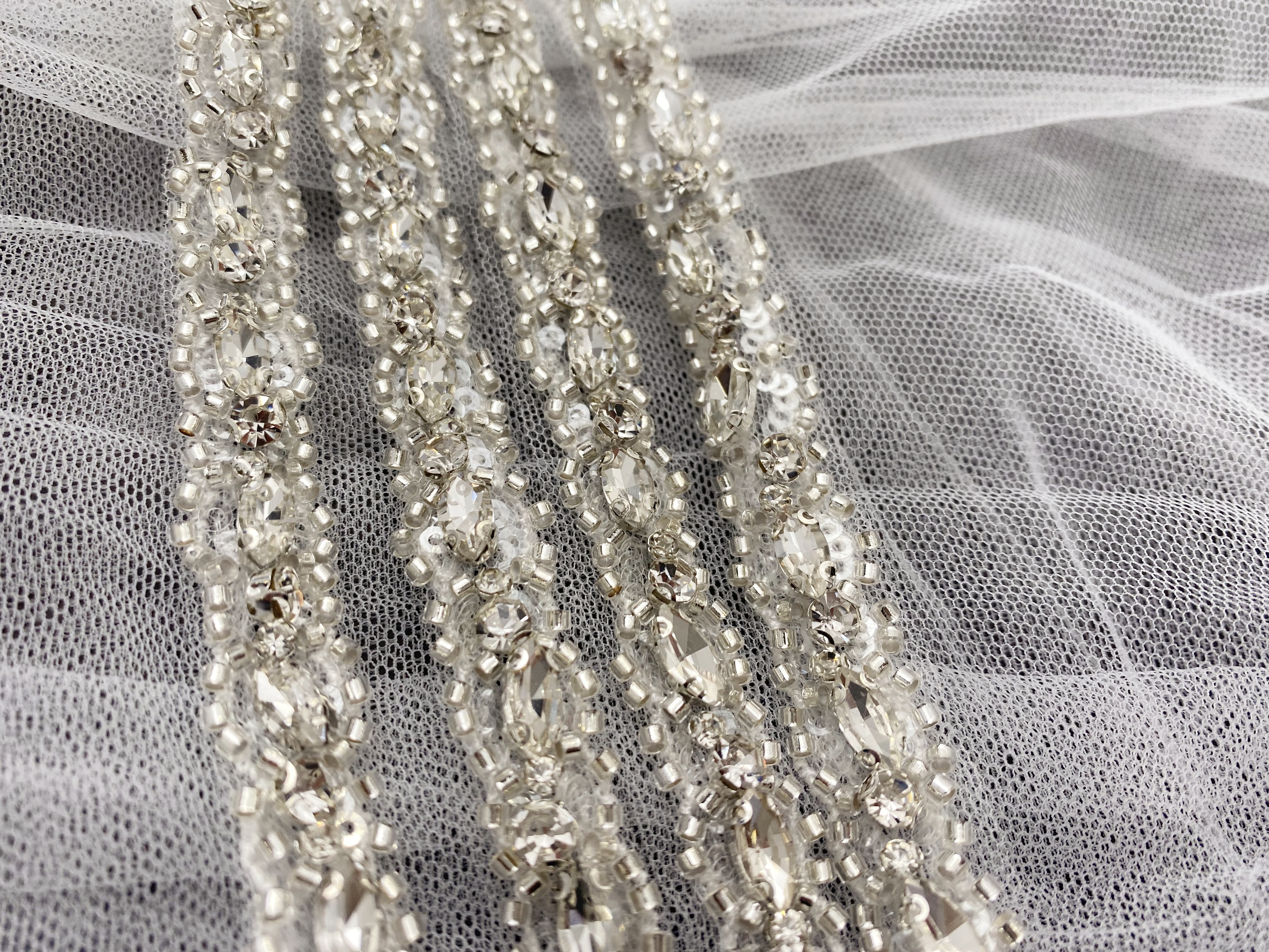Crystal Rhinestone Lace Trim With Silver Zircon Stonework, 1 Yard Beaded Trims for Gown Straps, Headbands, Sashes, Belts