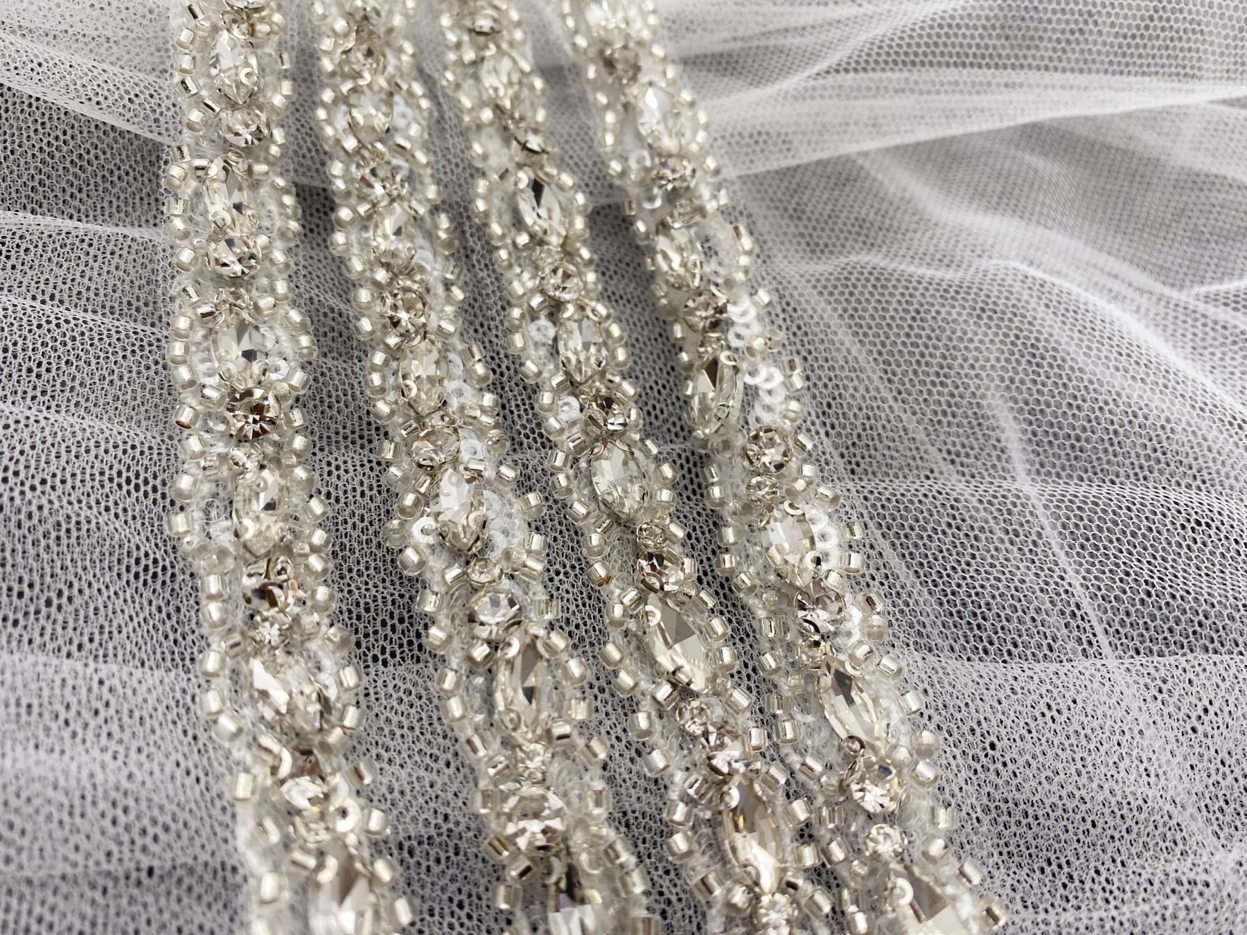 Crystal Rhinestone Lace Trim With Silver Zircon Stonework, 1 Yard Beaded Trims for Gown Straps, Headbands, Sashes, Belts