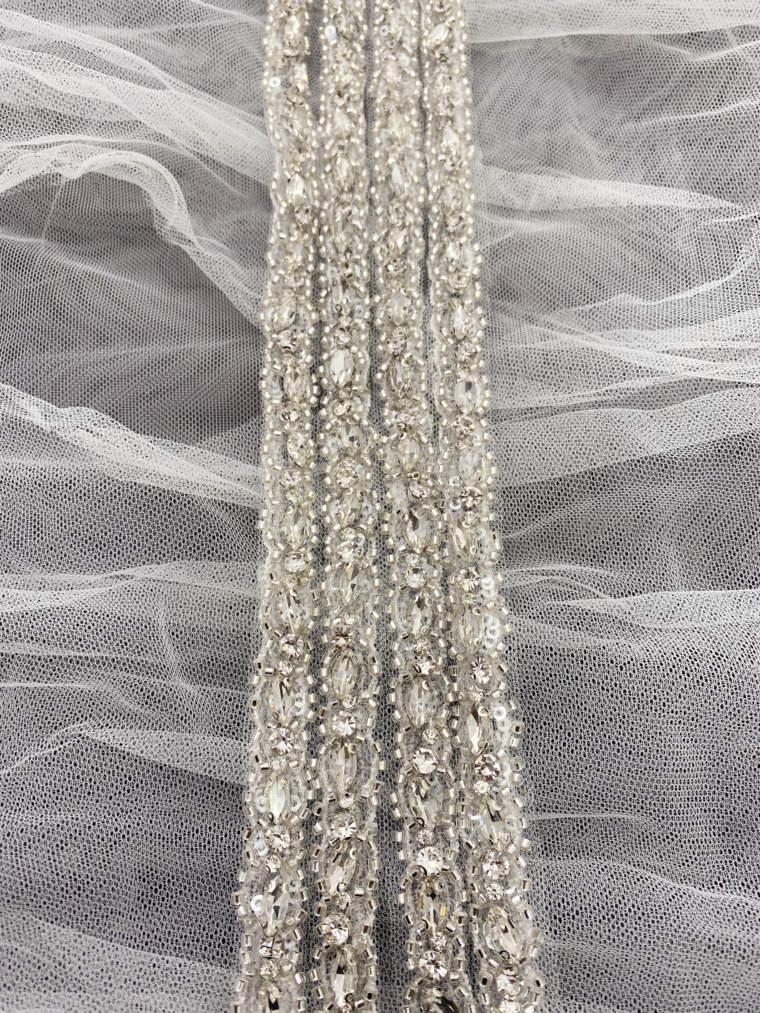 Crystal Rhinestone Lace Trim With Silver Zircon Stonework, 1 Yard Beaded Trims for Gown Straps, Headbands, Sashes, Belts