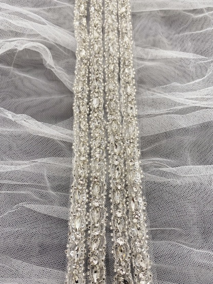 Crystal Rhinestone Lace Trim With Silver Zircon Stonework, 1 Yard Beaded Trims for Gown Straps, Headbands, Sashes, Belts