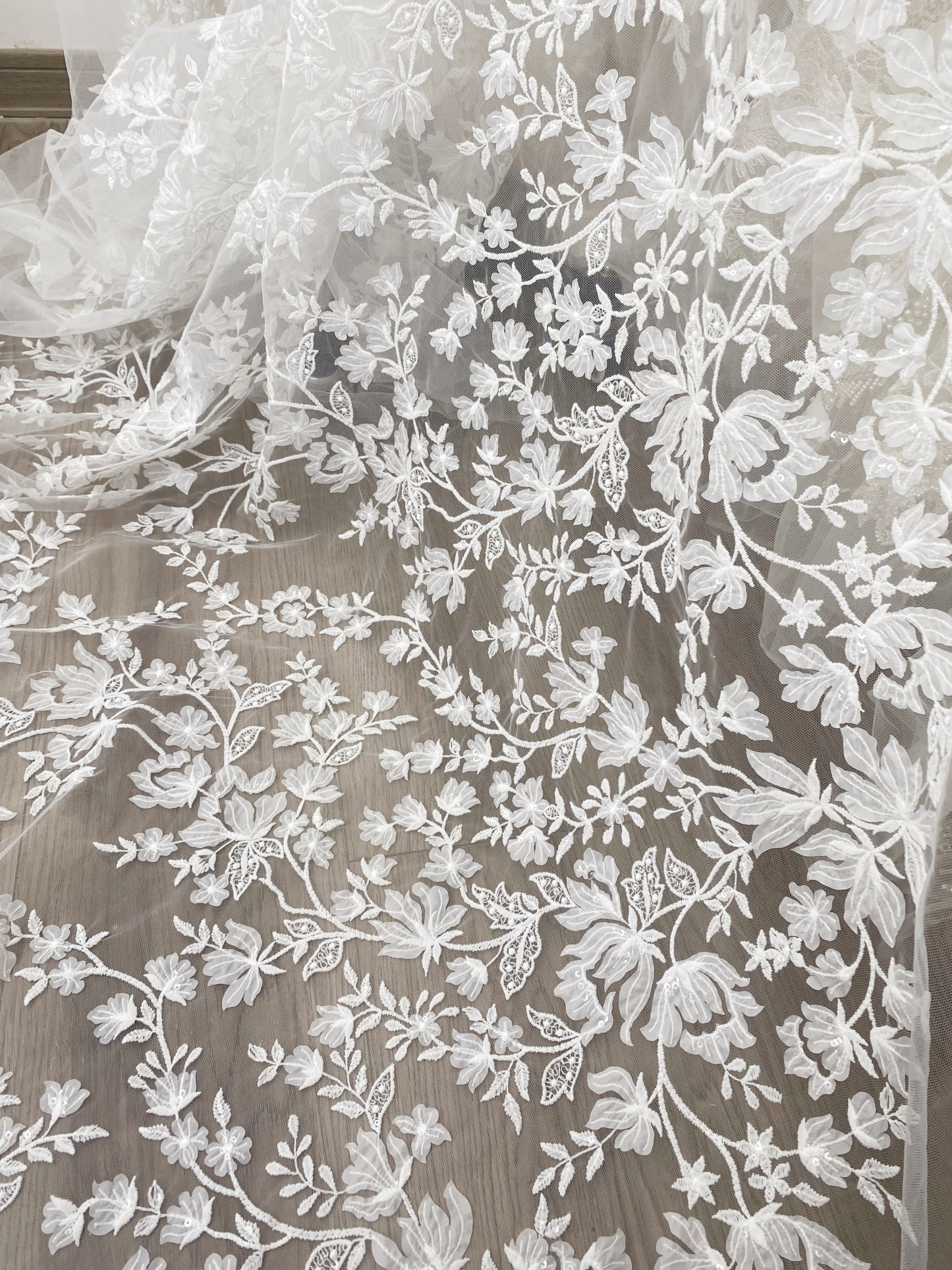 3D Off White Flower Petal Embroidery Lace Fabric, Wedding Bridal Evening Dress Costume Veil Dress Materials Sold by yard