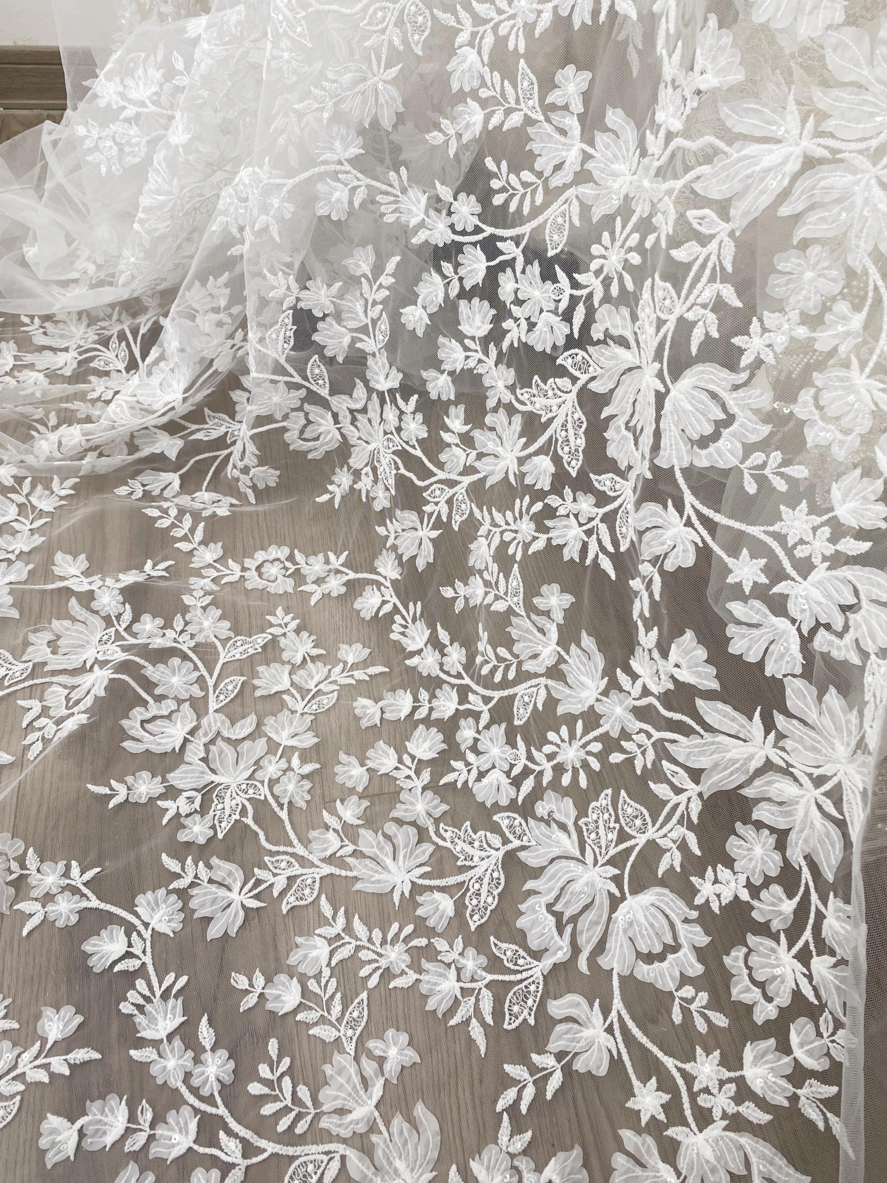 3D Off White Flower Petal Embroidery Lace Fabric, Wedding Bridal Evening Dress Costume Veil Dress Materials Sold by yard