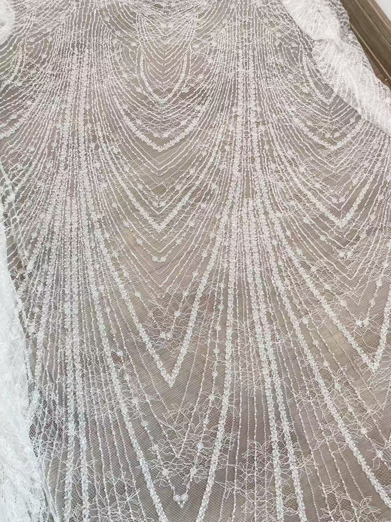 Heavy Sequin Beaded Lace Fabric, Stripe Lace on Soft Mesh for Bridal Wedding Dress, Prom Dress, Flower Embroidery Tulle Lace by the yard