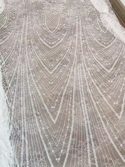 Heavy Sequin Beaded Lace Fabric, Stripe Lace on Soft Mesh for Bridal Wedding Dress, Prom Dress, Flower Embroidery Tulle Lace by the yard