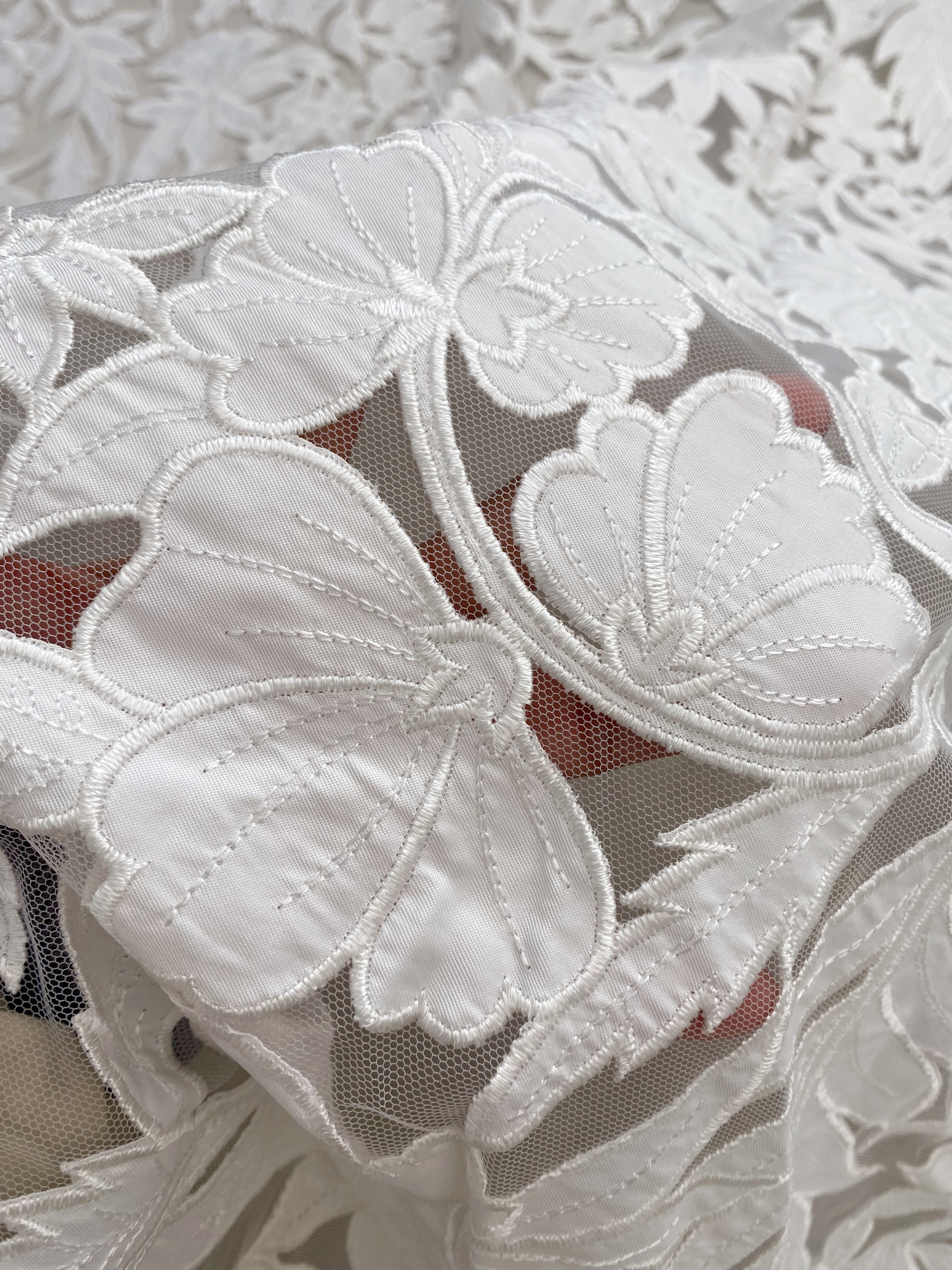 Ivory Floral Lace on Mesh with Large Appliqués, Bridal Lace Fabric with Dimensional Embroidery for Wedding Dress