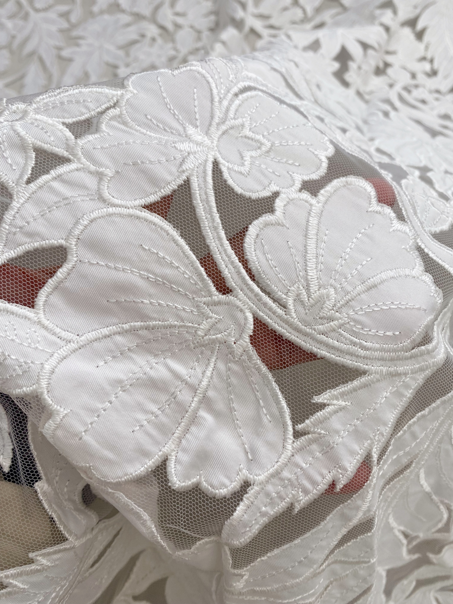 Ivory Floral Lace on Mesh with Large Appliqués, Bridal Lace Fabric with Dimensional Embroidery for Wedding Dress
