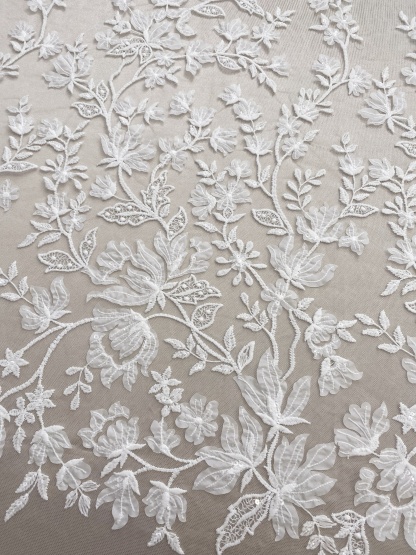 3D Off White Flower Petal Embroidery Lace Fabric, Wedding Bridal Evening Dress Costume Veil Dress Materials Sold by yard