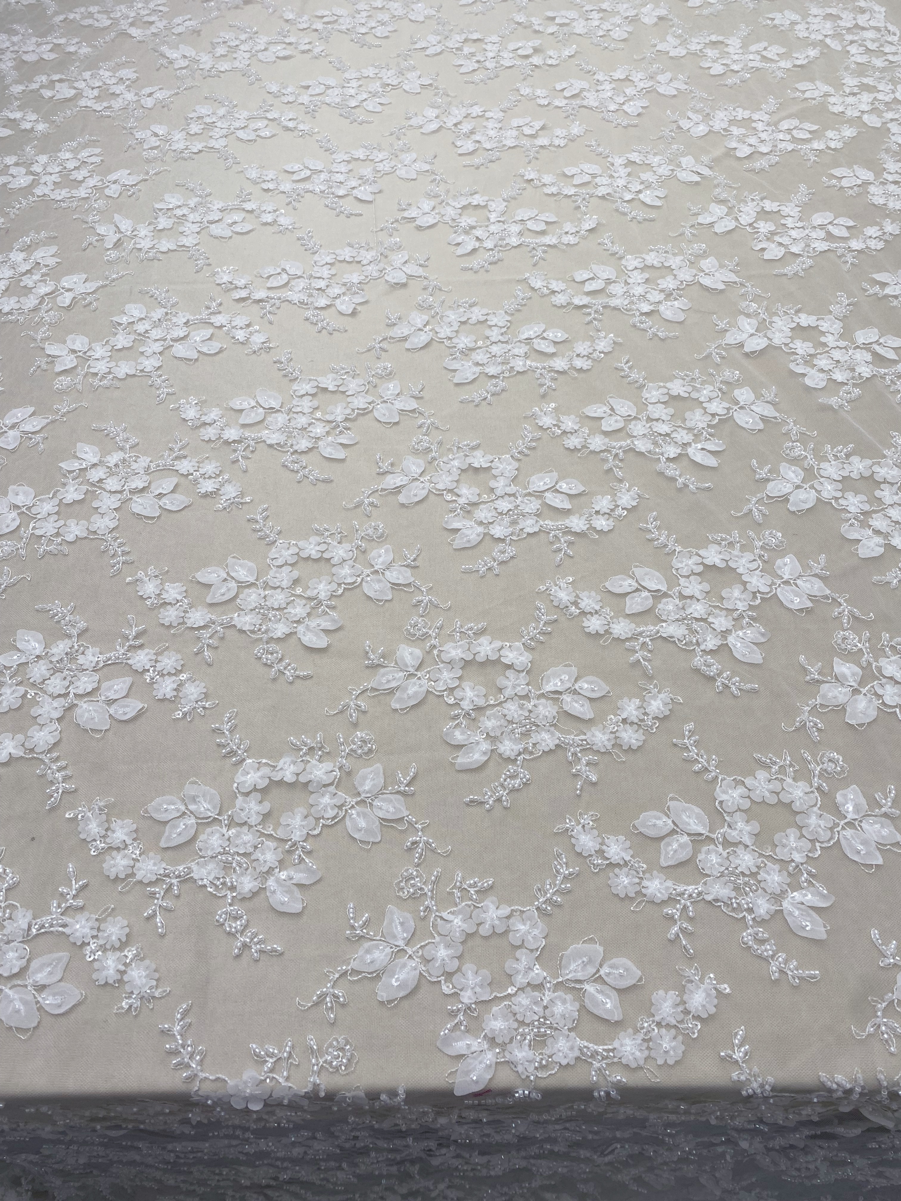 Ivory 3D Flower Beaded Sequin Lace Fabric, Bridal Floral Embroidered Tulle for Wedding Dress, Veil, Couture, by the Yard
