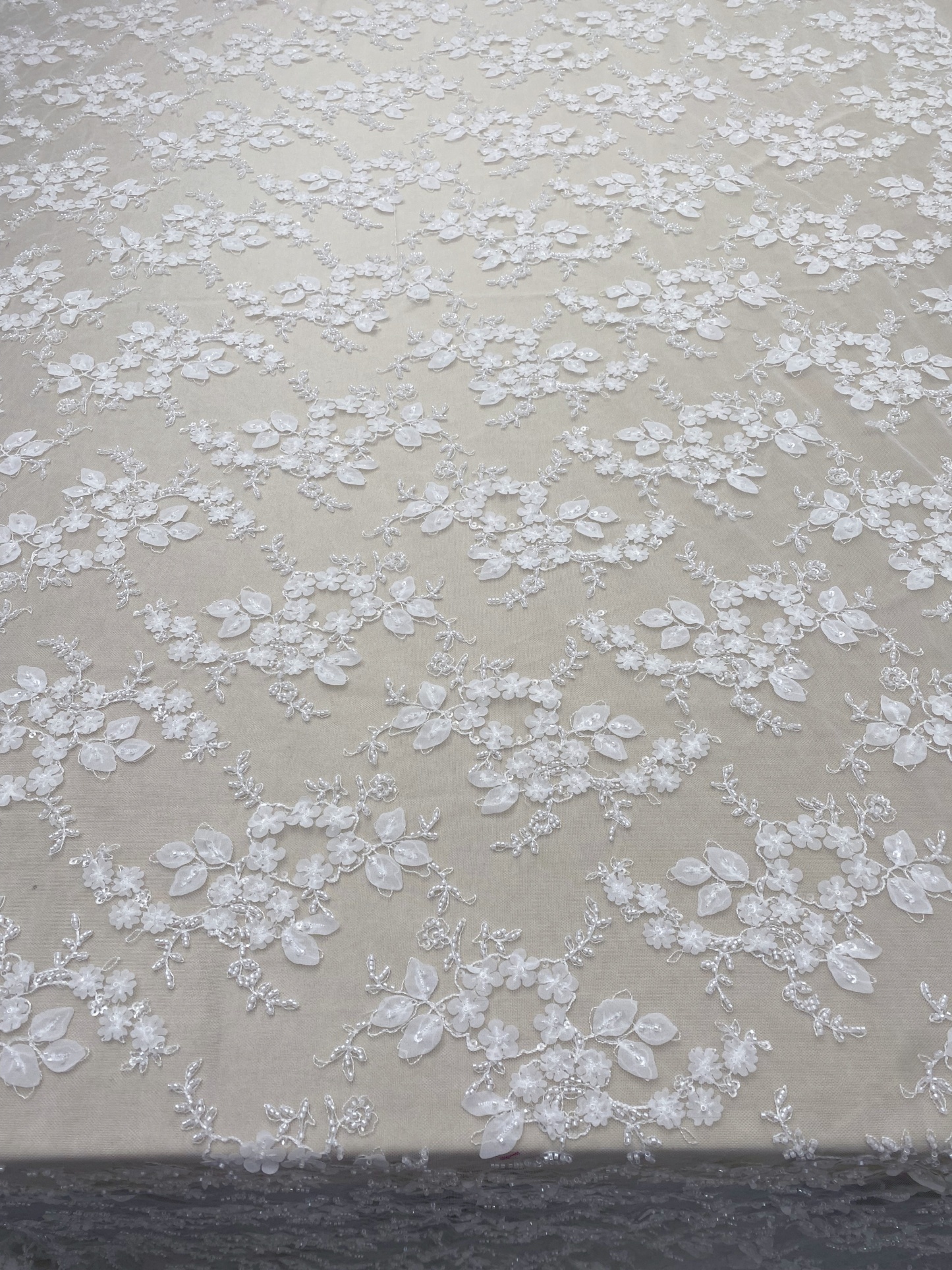 Ivory 3D Flower Beaded Sequin Lace Fabric, Bridal Floral Embroidered Tulle for Wedding Dress, Veil, Couture, by the Yard