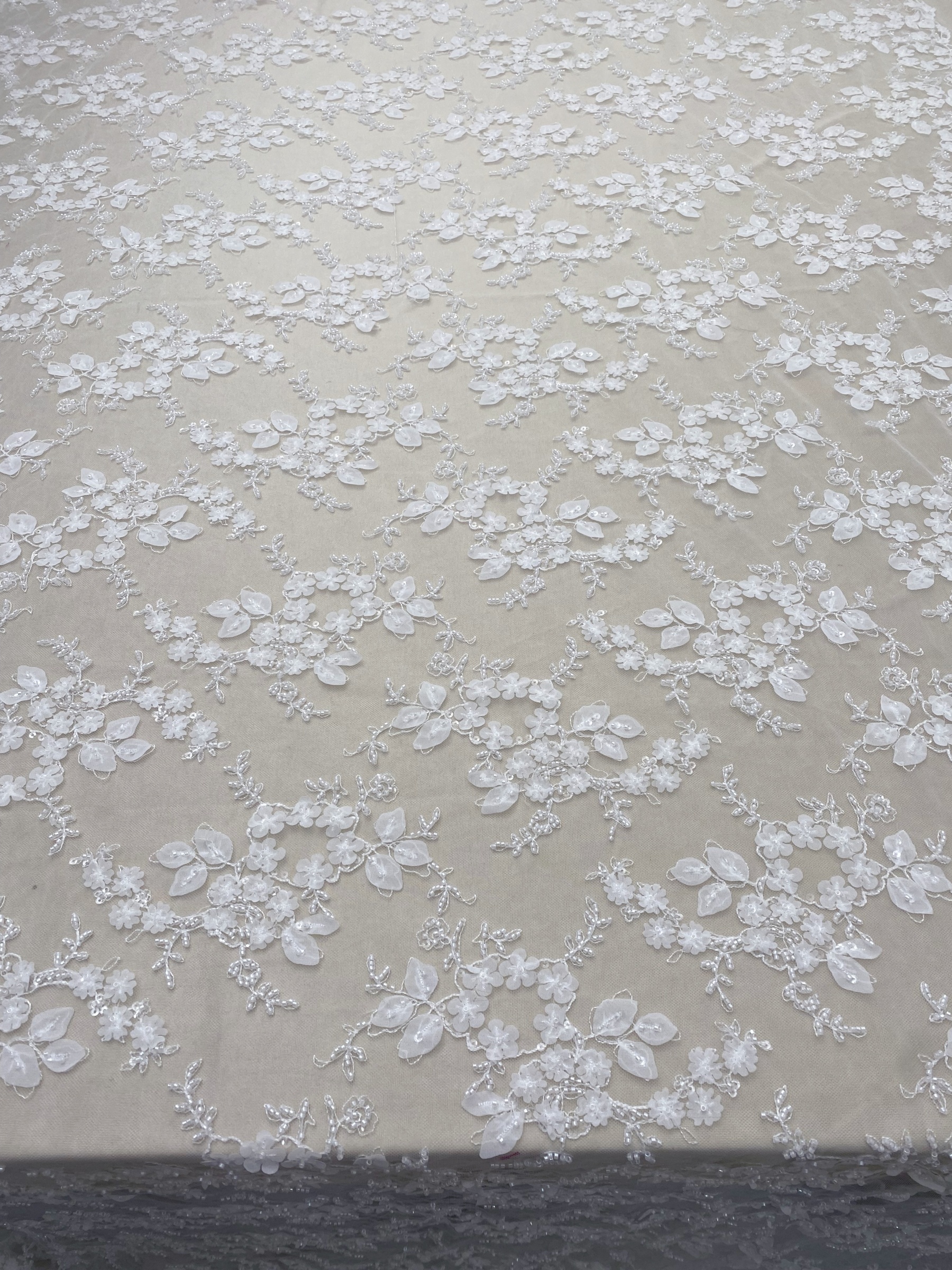 Ivory 3D Flower Beaded Sequin Lace Fabric, Bridal Floral Embroidered Tulle for Wedding Dress, Veil, Couture, by the Yard