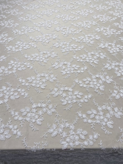 Ivory 3D Flower Beaded Sequin Lace Fabric, Bridal Floral Embroidered Tulle for Wedding Dress, Veil, Couture, by the Yard