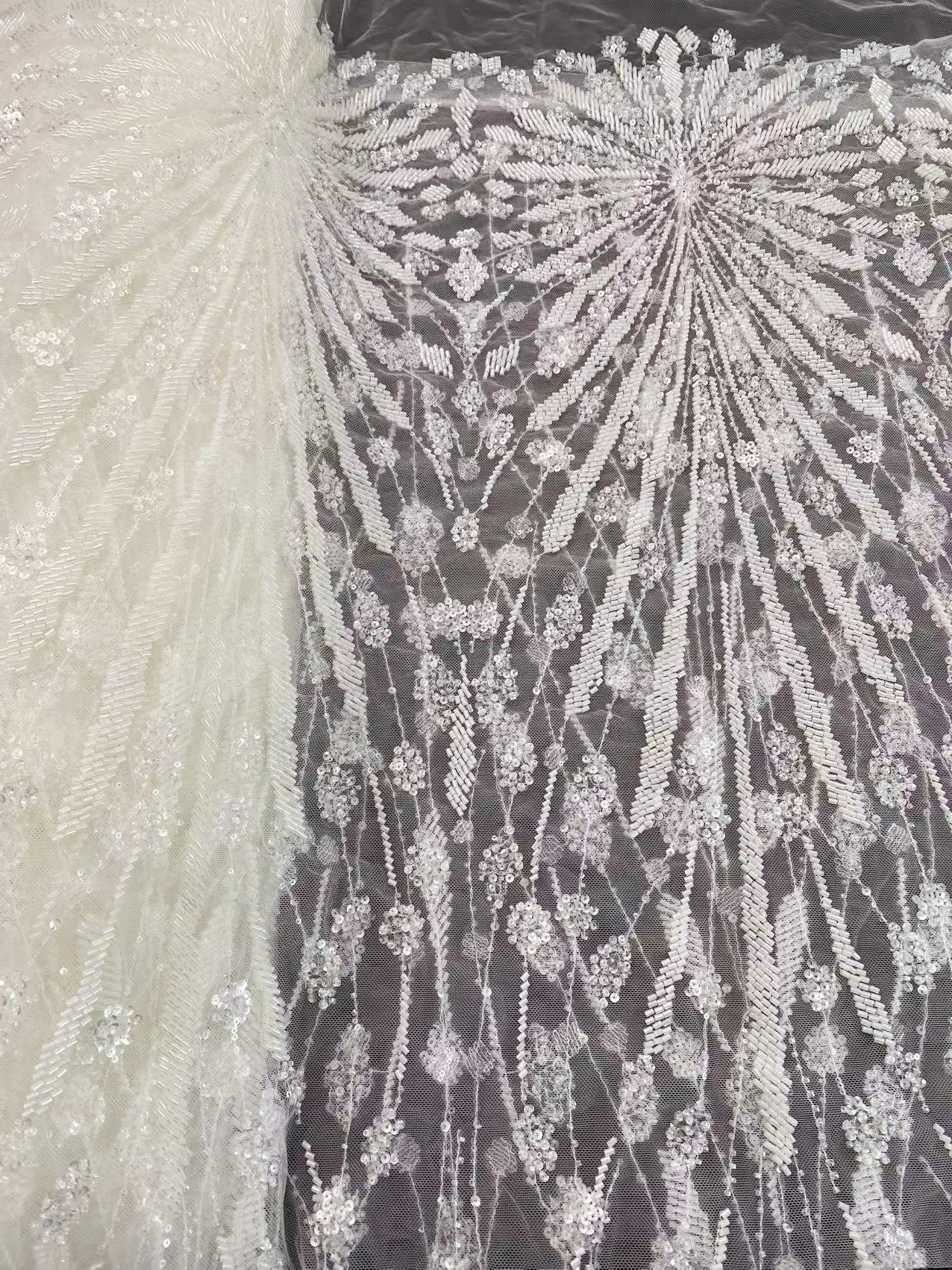 Off-White Heavy Beaded Squines Lace Fabric, Embroidered Tulle Bridal Dress Material, Party Dress Tulle, Luxury Couture Lace Fabric